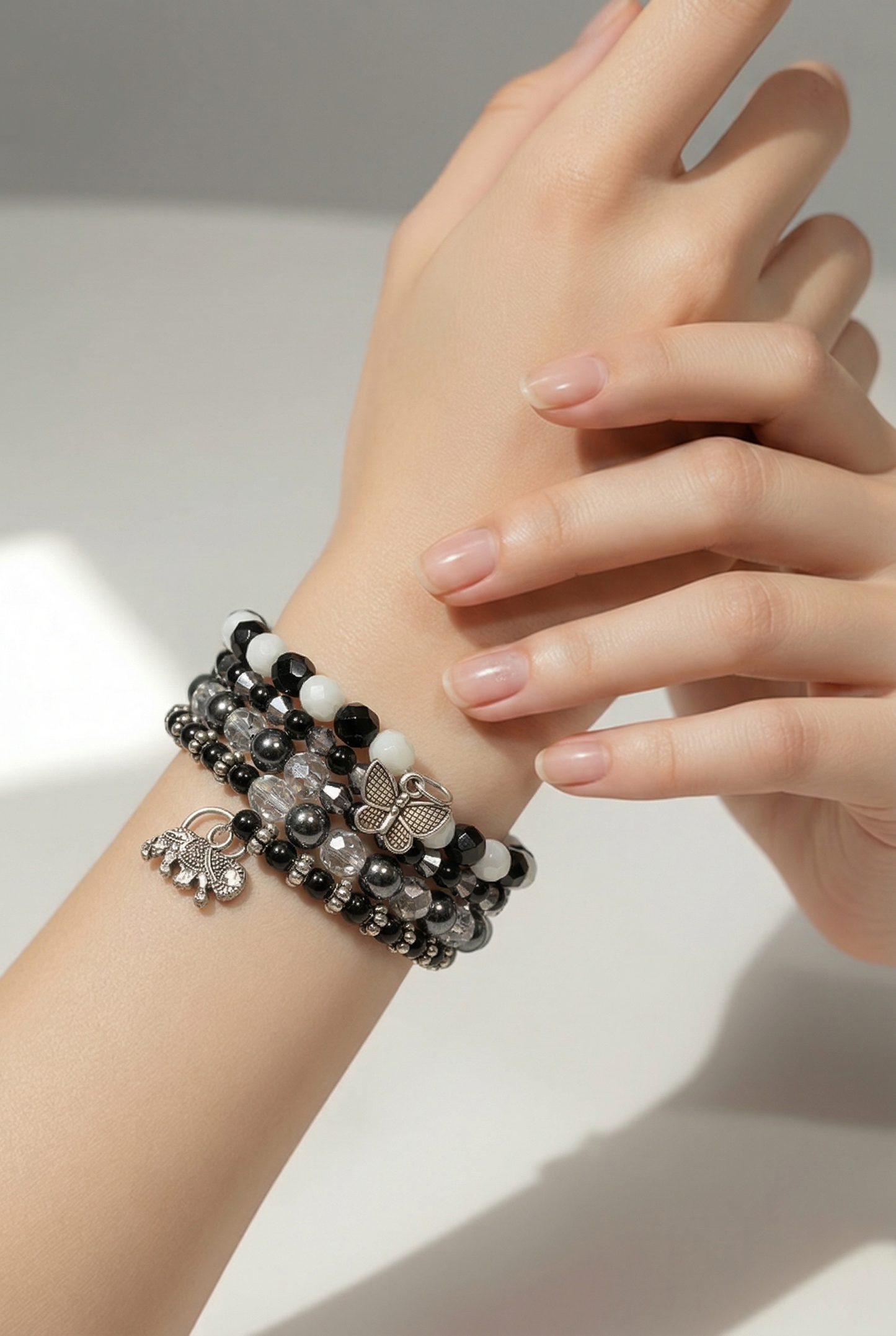 Black and White Memory Wire Stack Bracelet | Butterfly and Elephant Charms | Handmade Multi-Strand Bracelet