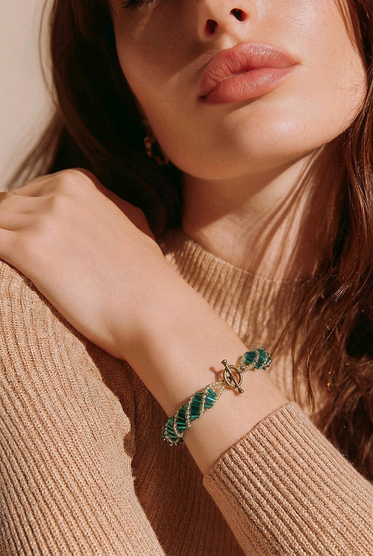 Art Deco Beaded Bracelet | Teal and Gold Woven Bracelet | Bugle Bead Bracelet | 1920s Inspired | Handmade Statement Bracelet