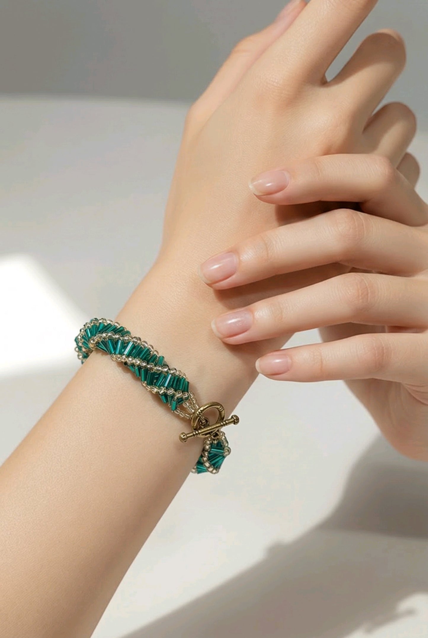 Art Deco Beaded Bracelet | Teal and Gold Woven Bracelet | Bugle Bead Bracelet | 1920s Inspired | Handmade Statement Bracelet