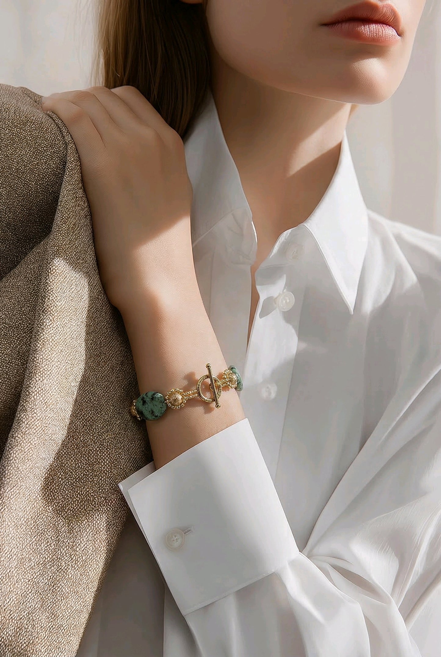 African Turquoise Jasper & Gold Bracelet | Semi Precious Stone | Gold Toggle Clasp | Handmade Ladies Bracelet | Boho Luxury