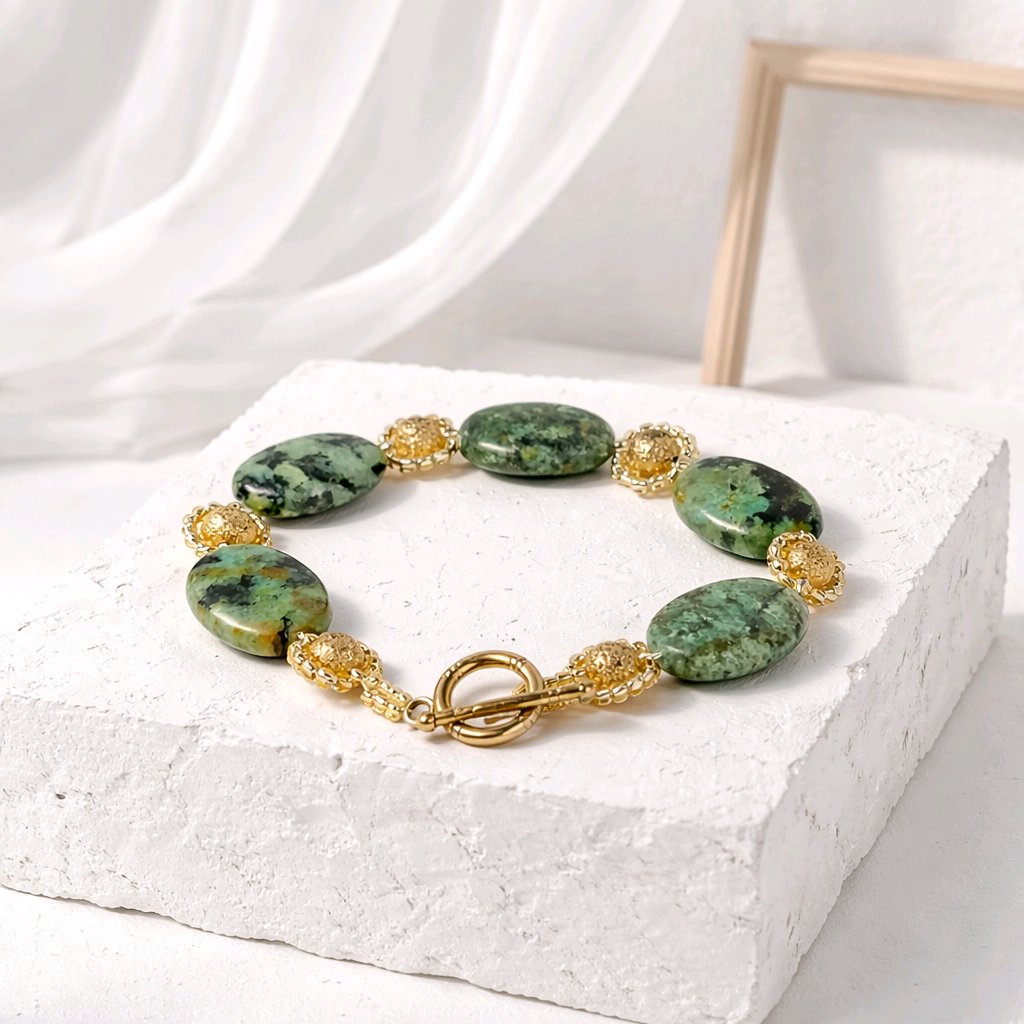 African Turquoise Jasper & Gold Bracelet | Semi Precious Stone | Gold Toggle Clasp | Handmade Ladies Bracelet | Boho Luxury
