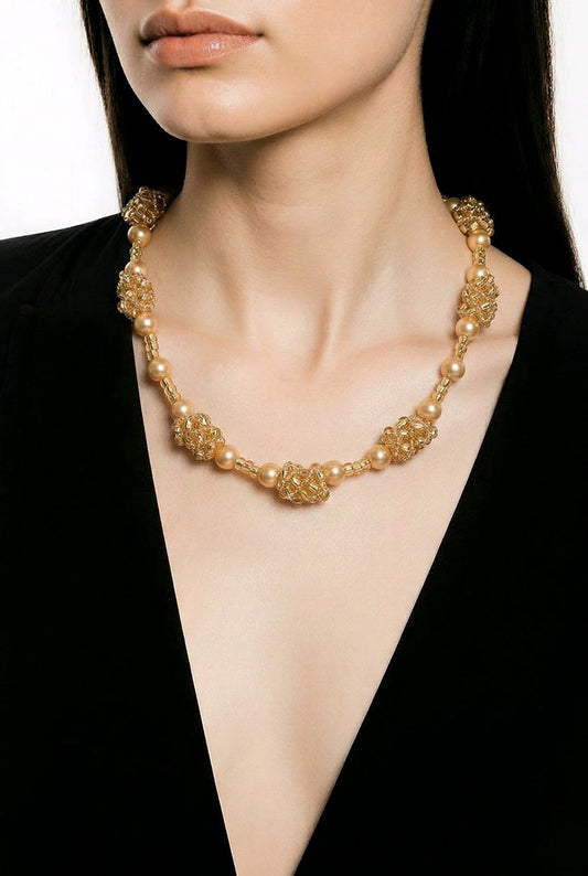 Gold Pearl and Seed Bead Station Necklace | Handwoven Bead Stations | Shell Pearls | Square Toggle Clasp | Handmade