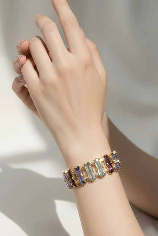 Jewel Tone Crystal Stretch Bracelet | Purple Violet & Aqua Glass Crystals | Prom Bracelet | Statement Bracelet | Handmade