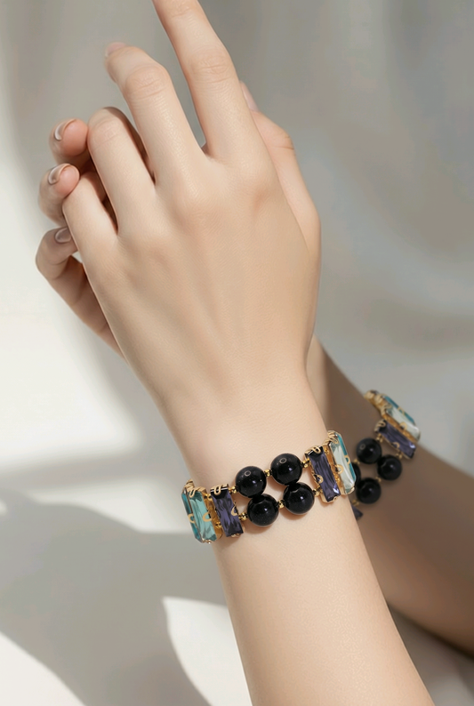 Blue Goldstone and Crystal Stretch Bracelet | Purple Aqua Teal Baguettes | Prom Bracelet | Statement Bracelet | Handmade