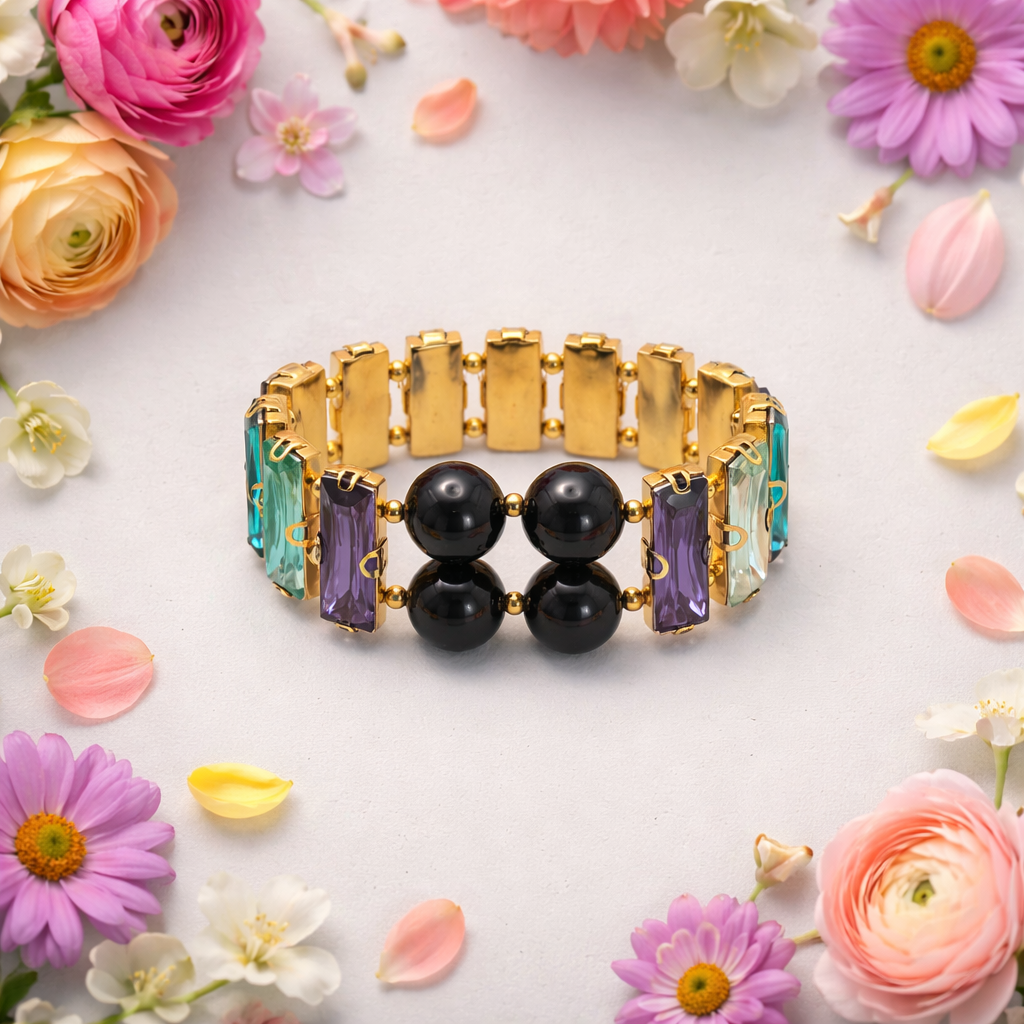 Blue Goldstone and Crystal Stretch Bracelet | Purple Aqua Teal Baguettes | Prom Bracelet | Statement Bracelet | Handmade