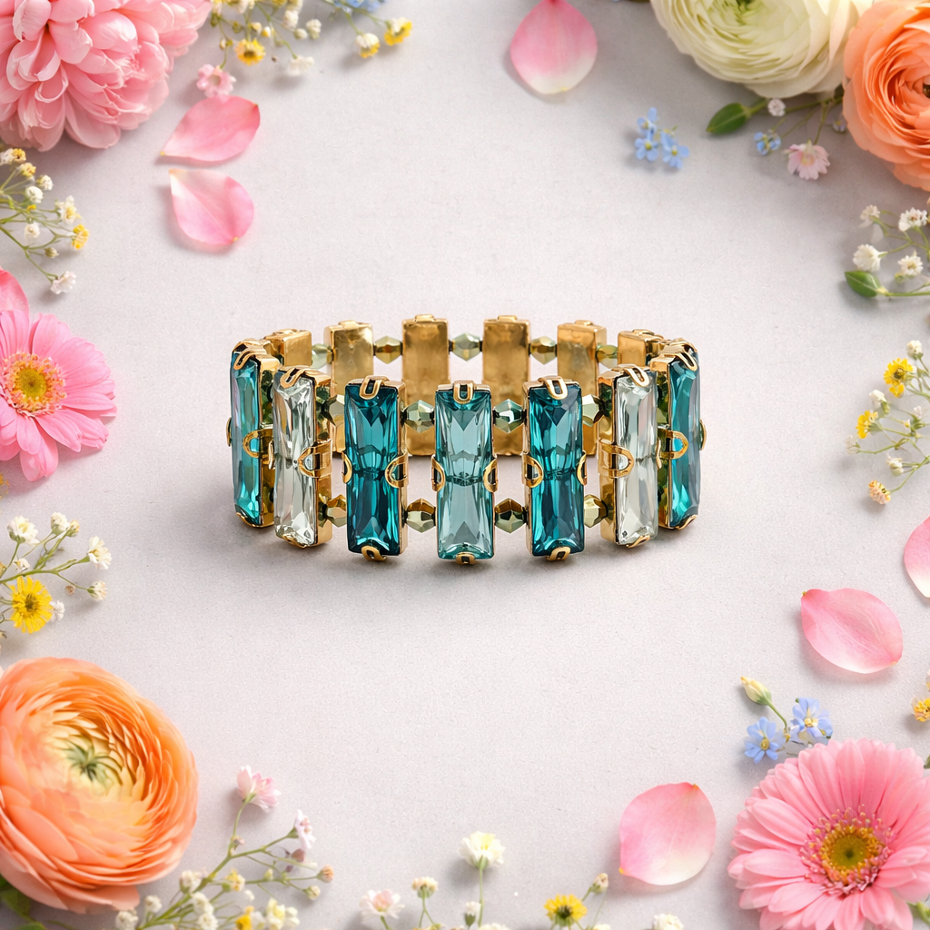 Ombré Crystal Stretch Bracelet | Blue Green Glass Crystals | Prom Bracelet | Statement Bracelet | Handmade