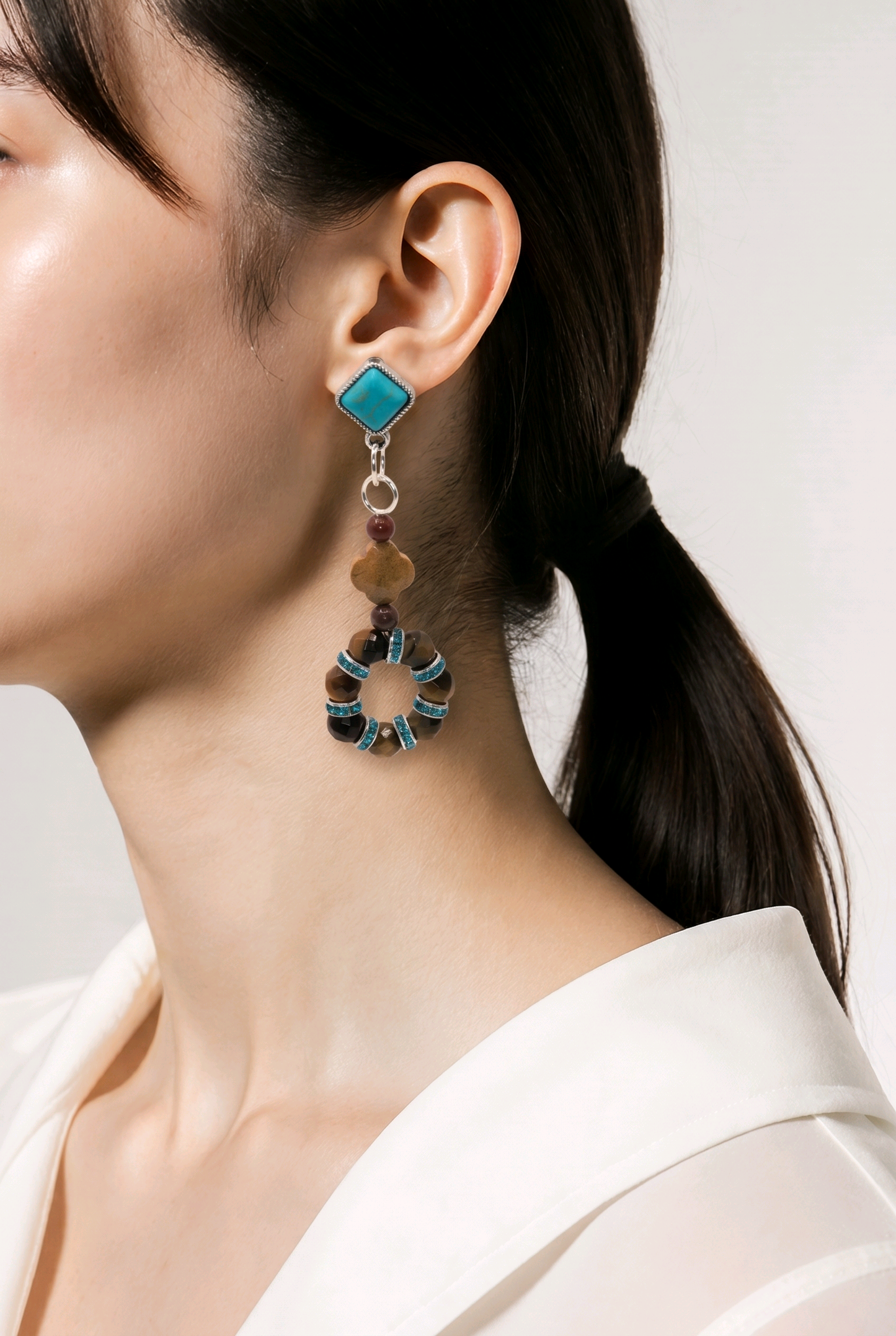 Tiger's Eye and Mookite Drop Earrings | Turquoise Square Stud | Blue Rhinestone Rondelles | Handmade Boho Statement Earrings