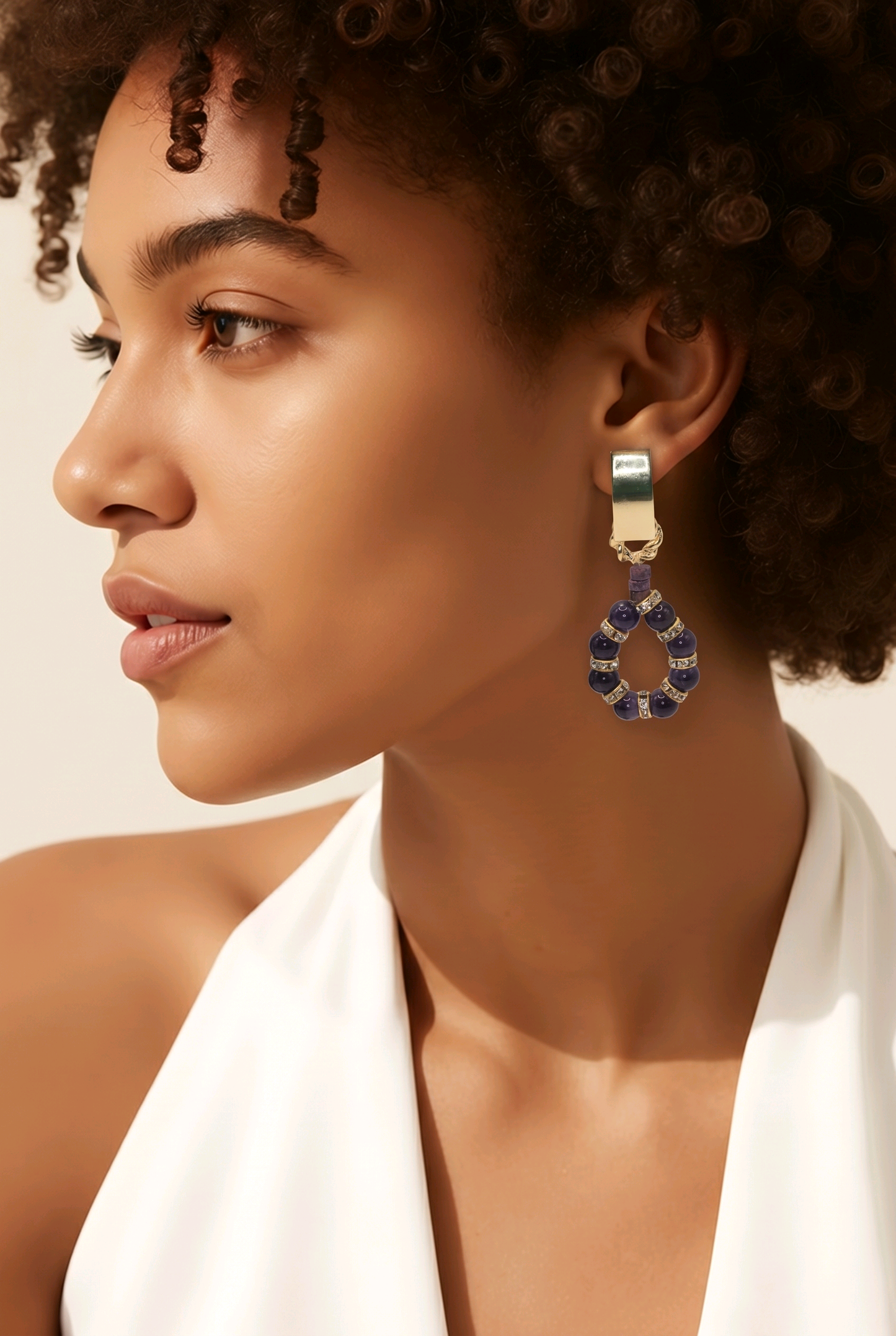 Amethyst and Purple Jasper Drop Earrings | Gold Plated Rhinestone Rondelles | Statement Stud Earrings | Handmade Gemstone Jewellery
