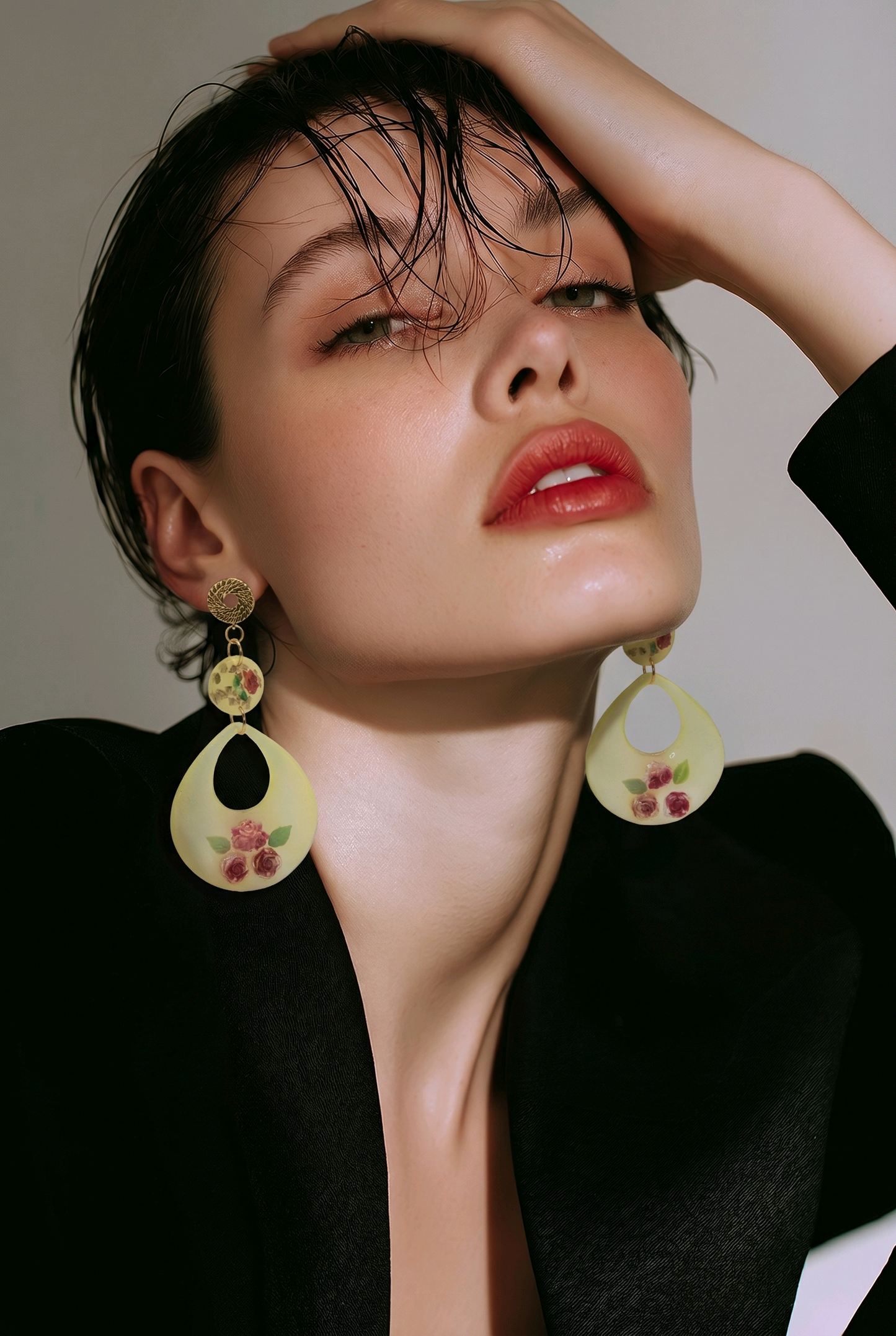 Yellow Resin Rose Drop Earrings | Gold Spiral Stud | Floral Statement Earrings | Handmade Resin Jewellery