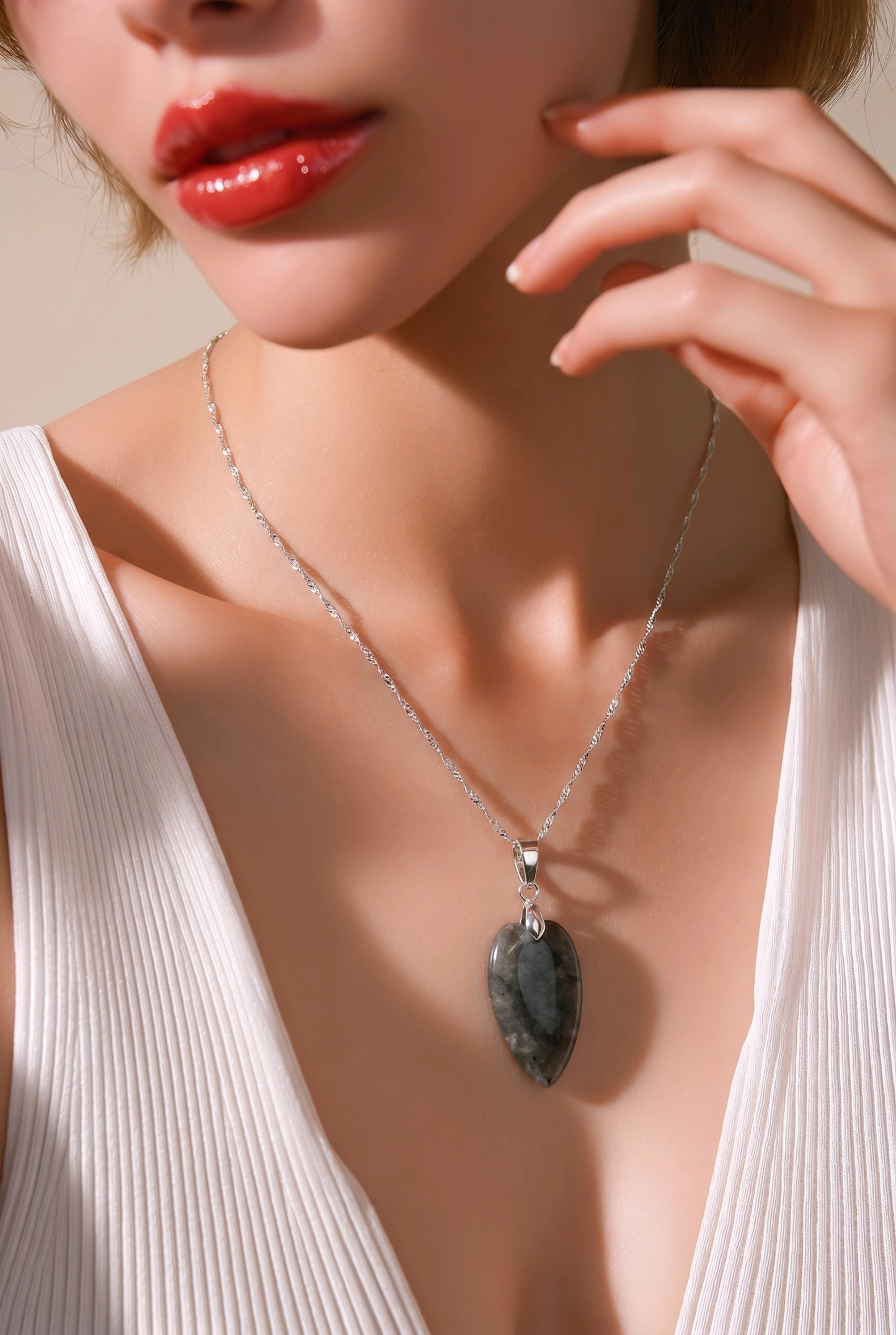 Interchangeable Gemstone Heart Pendant Set | Labradorite Rose Quartz & Amazonite | 925 Sterling Silver | 20 Inch Chain