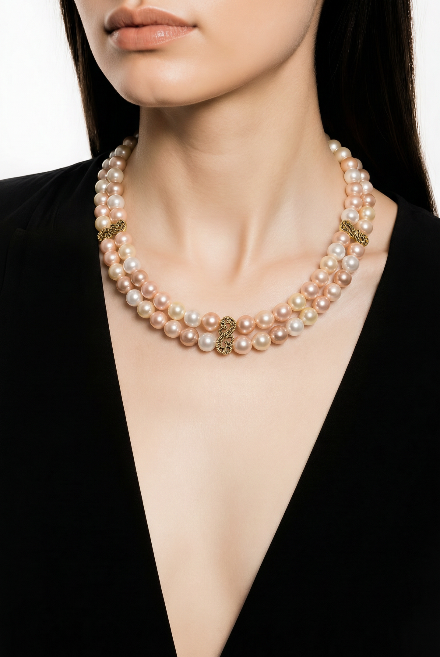 Double Strand Shell Pearl Choker | Blush Pink Cream and Ivory | Gold Scroll Connector | Handmade Bridal Necklace