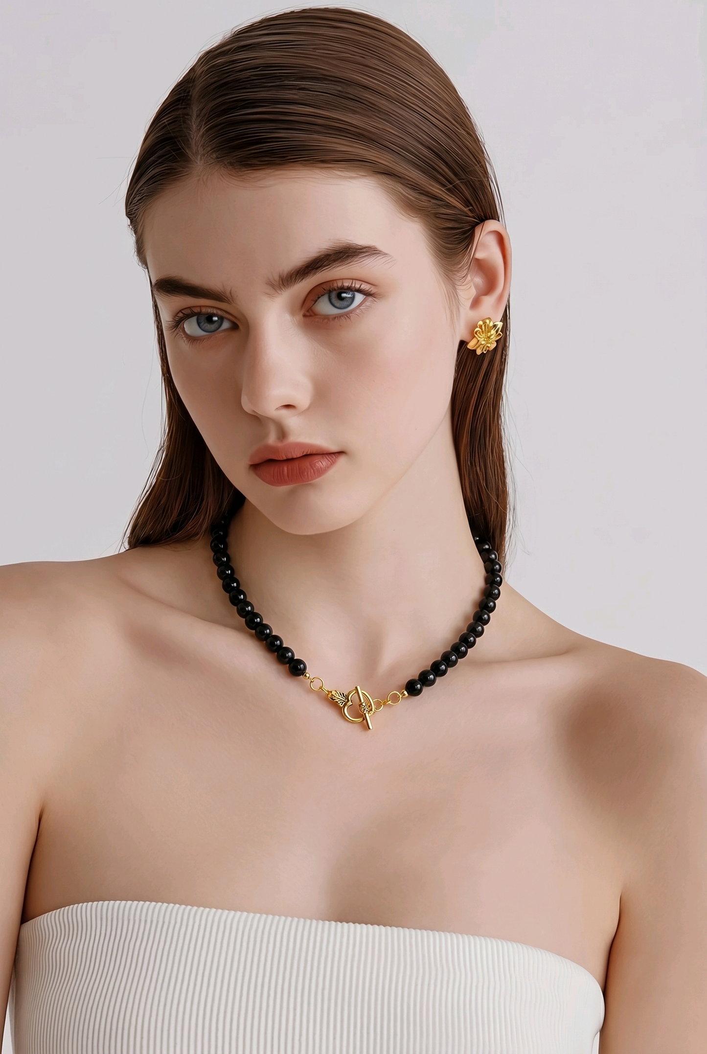 Black Onyx Bead Necklace | Gold Heart Toggle Clasp | 8mm Beads | 16 Inch | Handmade Gemstone Necklace