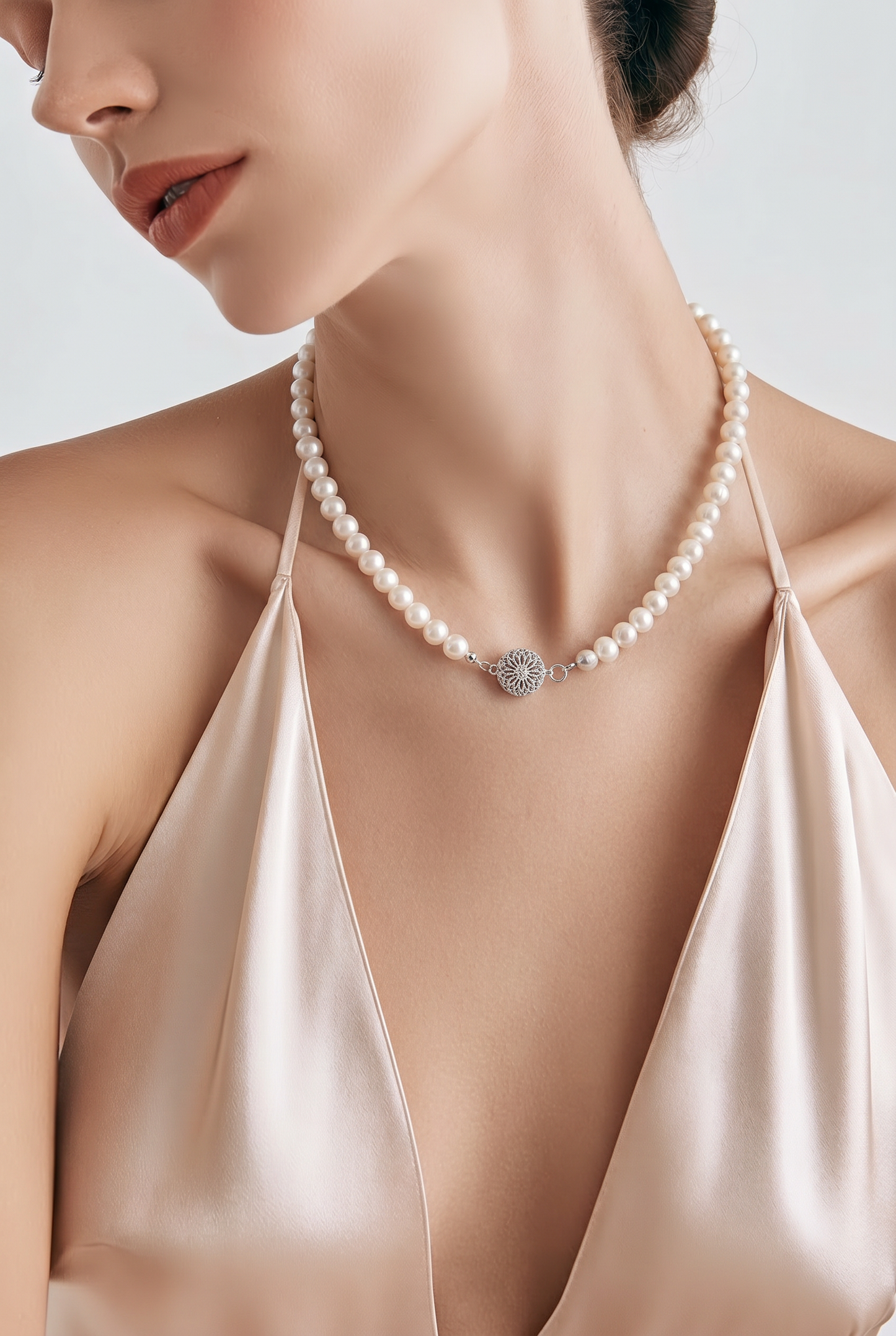 White Potato Pearl Necklace | Graduated Freshwater Pearls | Sterling Silver Filigree Box Clasp | Handmade Classic Necklace