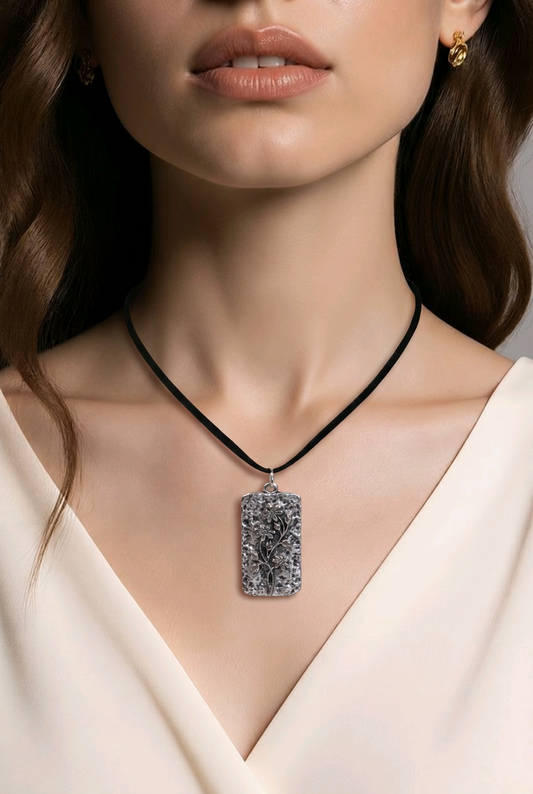 Antique Silver Floral Pendant Necklace | Adjustable Black Cord | Hammered Rectangle | Handmade Boho Necklace