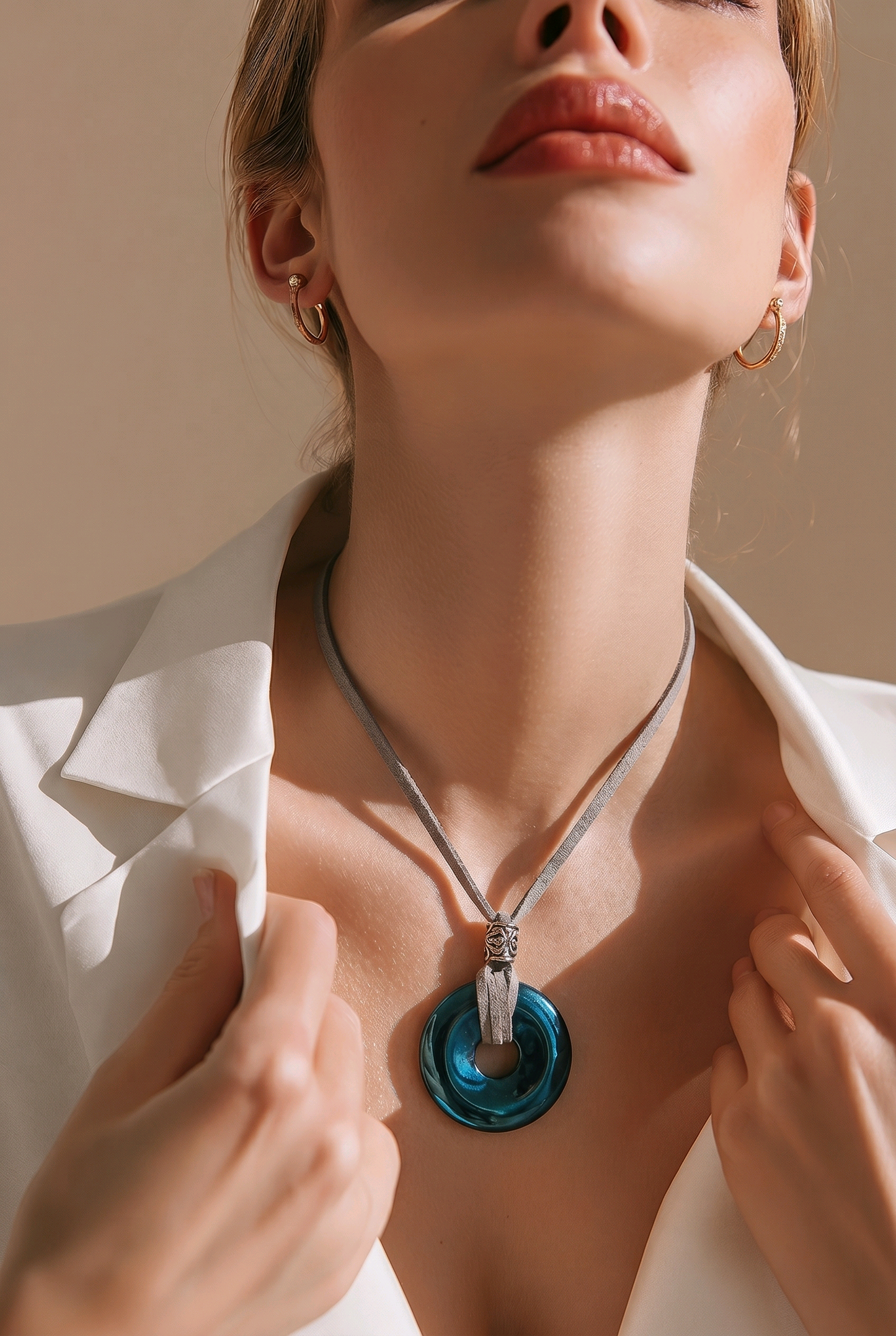 Teal Hematite Donut Pendant Necklace | Grey Suede Cord | Tibetan Silver | Adjustable 16-18 Inch | Handmade Boho Necklace