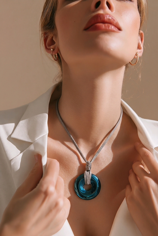 Teal Hematite Donut Pendant Necklace | Grey Suede Cord | Tibetan Silver | Adjustable 16-18 Inch | Handmade Boho Necklace