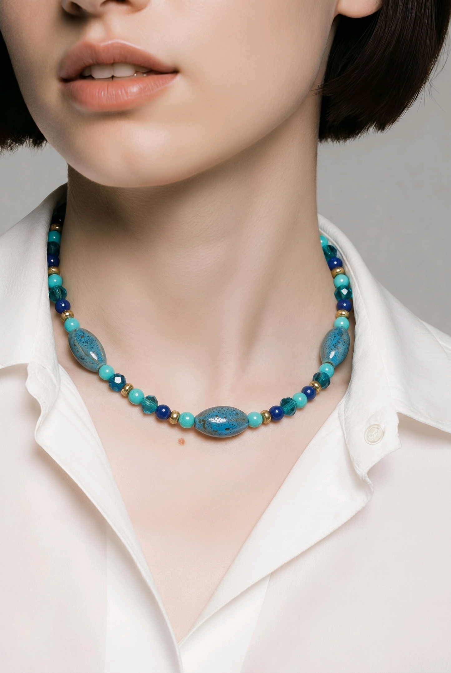 Blue Ceramic and Crystal Beaded Necklace | Turquoise Cobalt and Teal | Memory Wire | Gold Lobster Clasp | Handmade