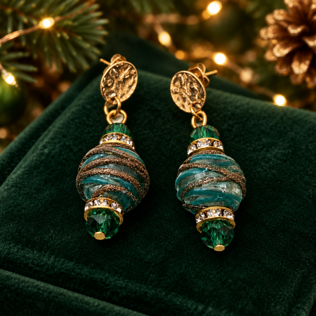 Lampwork Bead Drop Earrings | Emerald Crystal & Rhinestone | Hammered Brass Stud | Handmade Statement Earrings