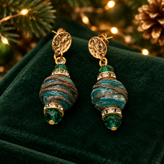 Lampwork Bead Drop Earrings | Emerald Crystal & Rhinestone | Hammered Brass Stud | Handmade Statement Earrings
