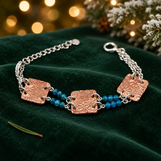 Handmade Copper Clay and Sterling Silver Bracelet | Floral Textured Squares | Apatite Beads | Choice of Gemstone