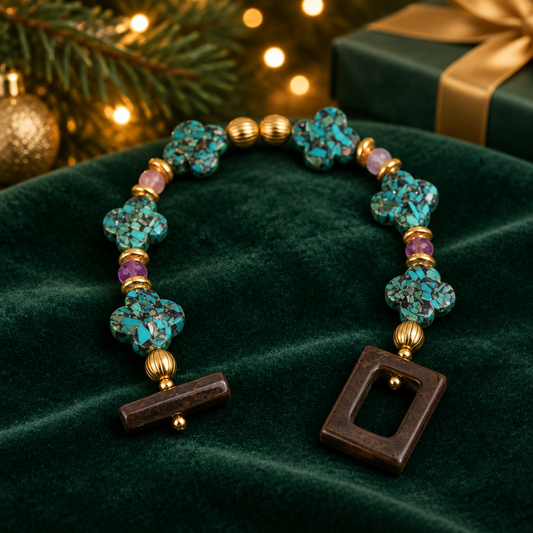 Turquoise Clover & Anahi Ametrine Bracelet | Gold Plated | Brown Jasper Toggle Clasp | Handmade Gemstone Bracelet | Boho Luxury