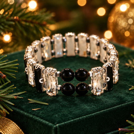 Black & Clear Crystal Stretch Bracelet | Obsidian Centre | Silver Baguettes | Statement Bracelet | Handmade