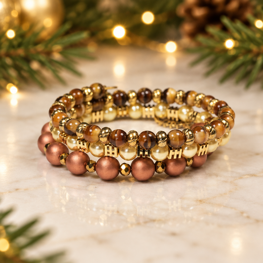 Tree of Life Memory Wire Stack Bracelet | Warm Gold & Pearl Beads | Handmade Multi-Strand Bracelet