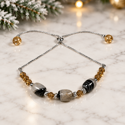 Banded Agate and Genuine Amber Slider Bracelet | Sterling Silver | Adjustable | Handmade Gemstone Bracelet