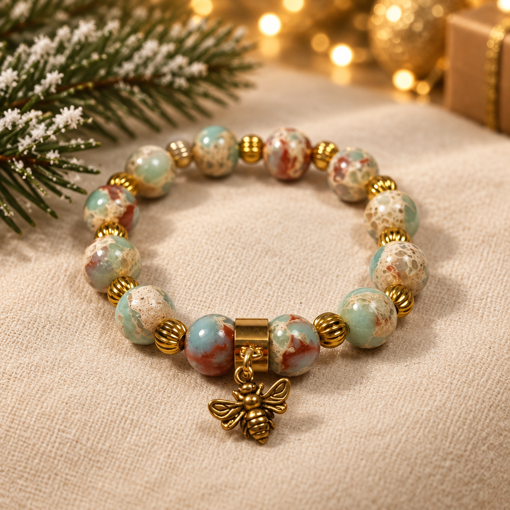 Multicolour Agate and Bumble Bee Charm Bracelet | Tibetan Gold Spacers | Stretch Bracelet | Handmade Boho Bracelet