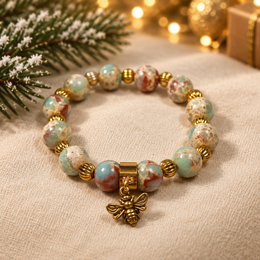 Multicolour Agate and Bumble Bee Charm Bracelet | Tibetan Gold Spacers | Stretch Bracelet | Handmade Boho Bracelet