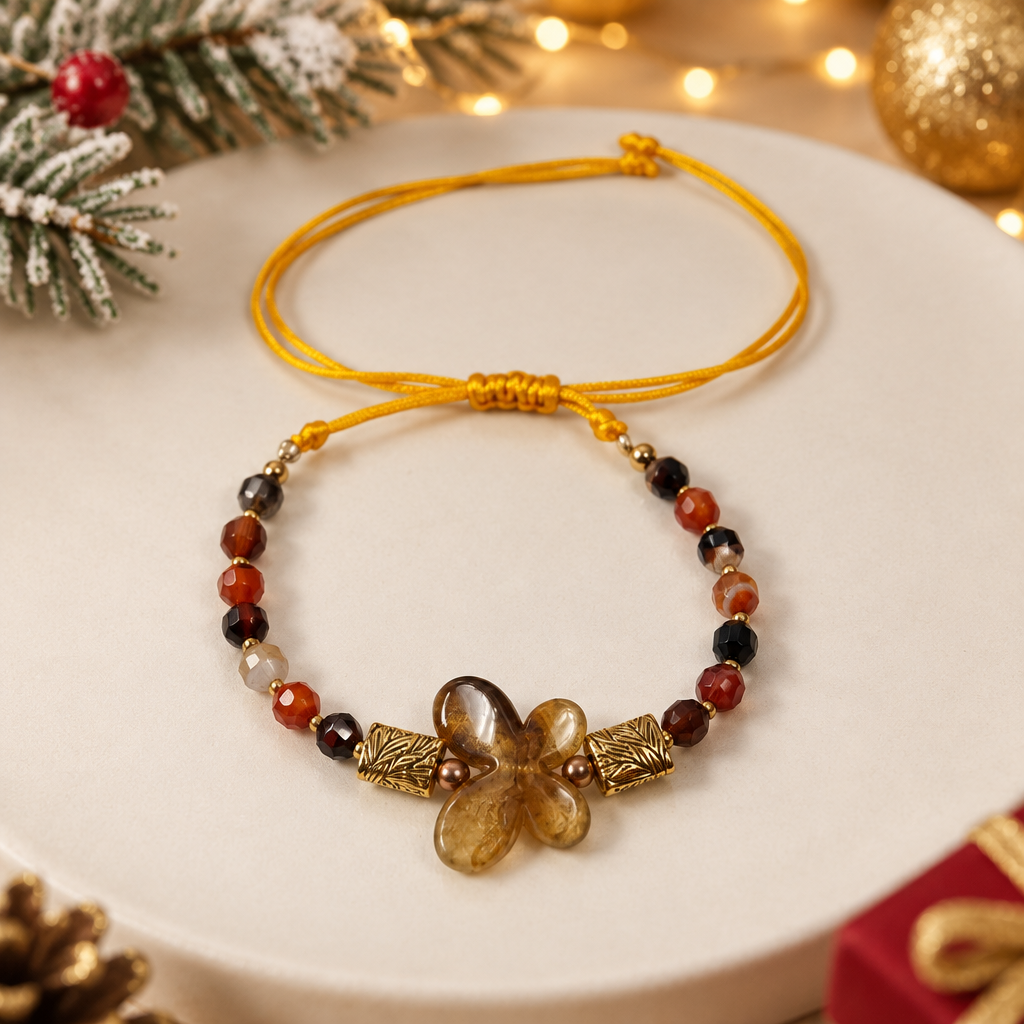 Banded Agate & Butterfly Bracelet | Adjustable Yellow Cord | Boho Handmade Bracelet | Copper & Gold Spacers