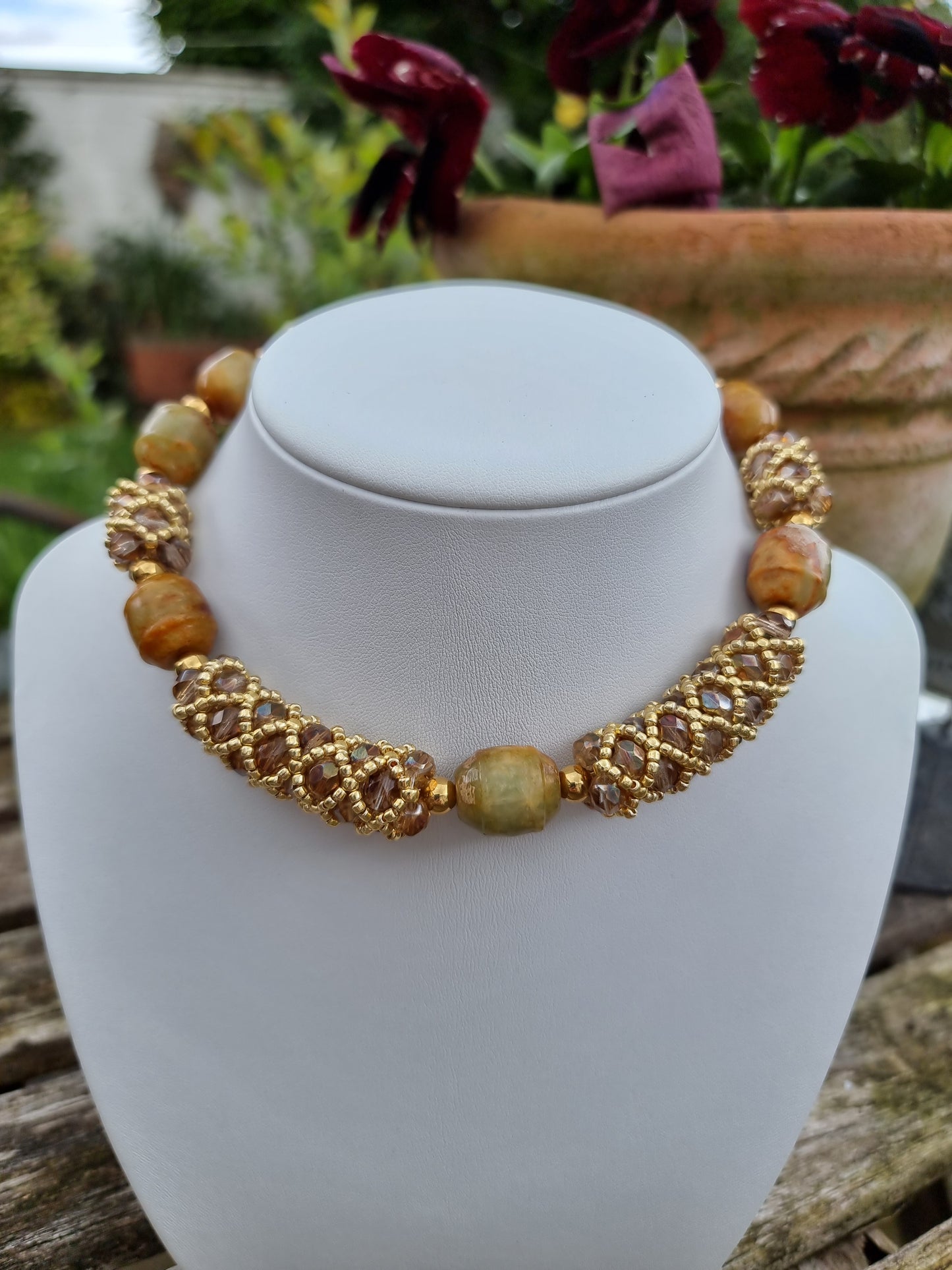 Jade and Champagne Crystal Choker Necklace | Gold Memory Wire | Handmade Statement Necklace | Boho Luxury