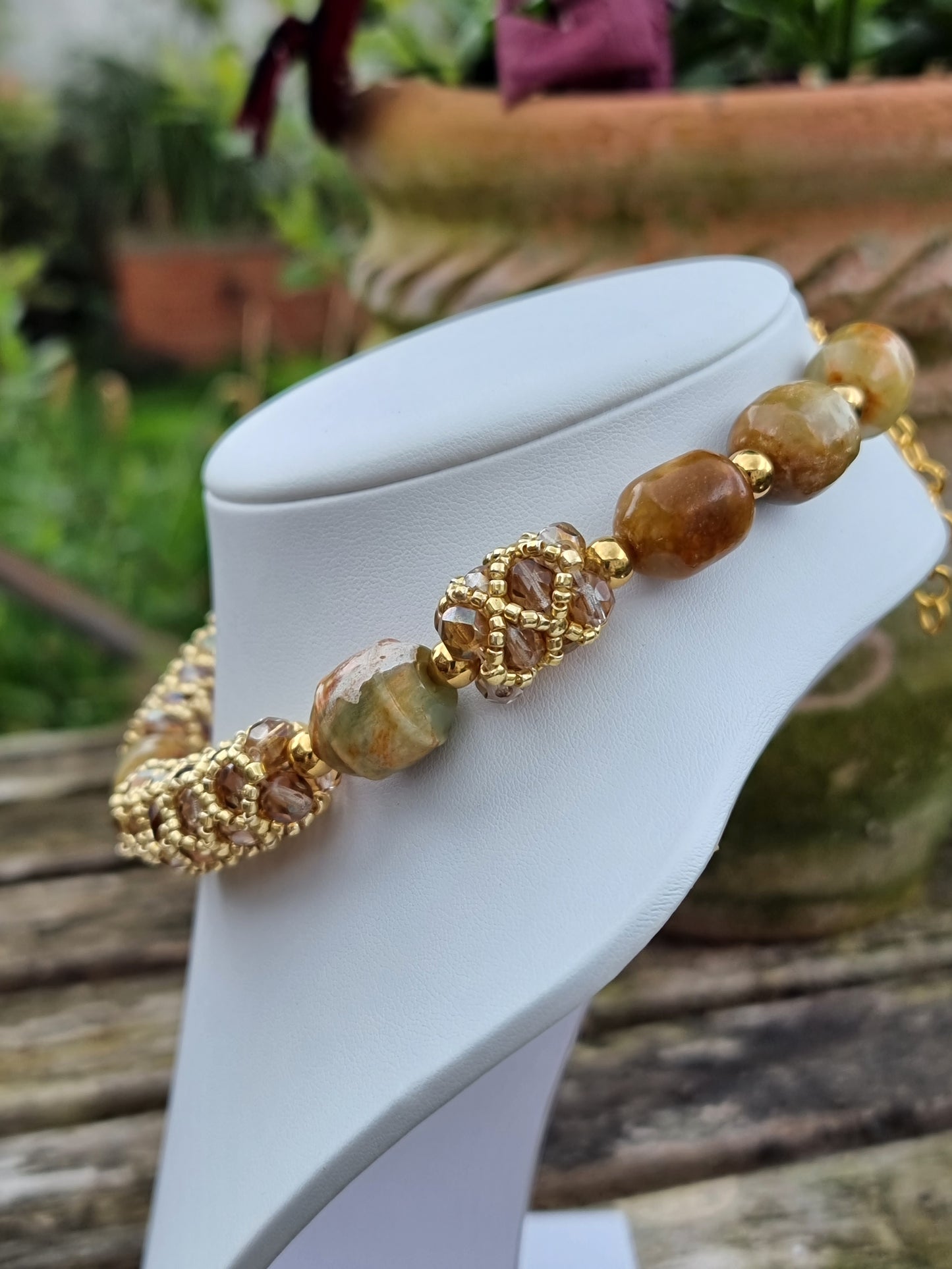 Jade and Champagne Crystal Choker Necklace | Gold Memory Wire | Handmade Statement Necklace | Boho Luxury