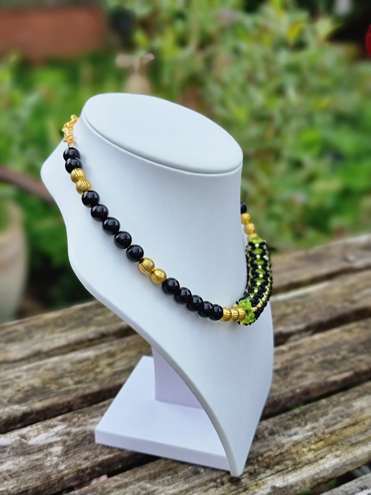 Black Agate and Peridot Green Crystal Choker | Tibetan Gold Beads | Memory Wire | Handmade Statement Necklaceen necklace