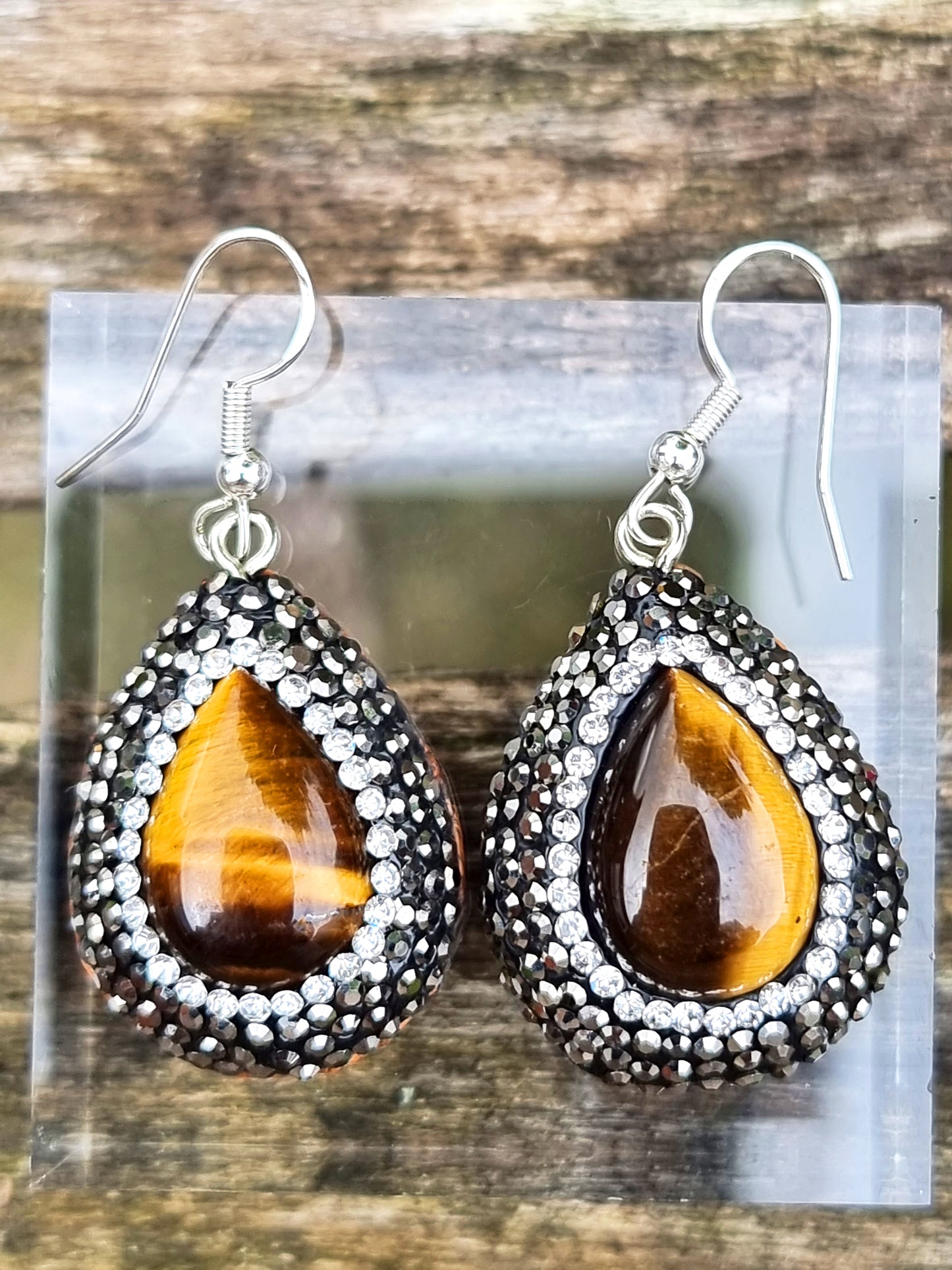 Tiger's Eye and Crystal Pavé Teardrop Earrings | Sterling Silver | Boho Statement 3cm drop Earrings