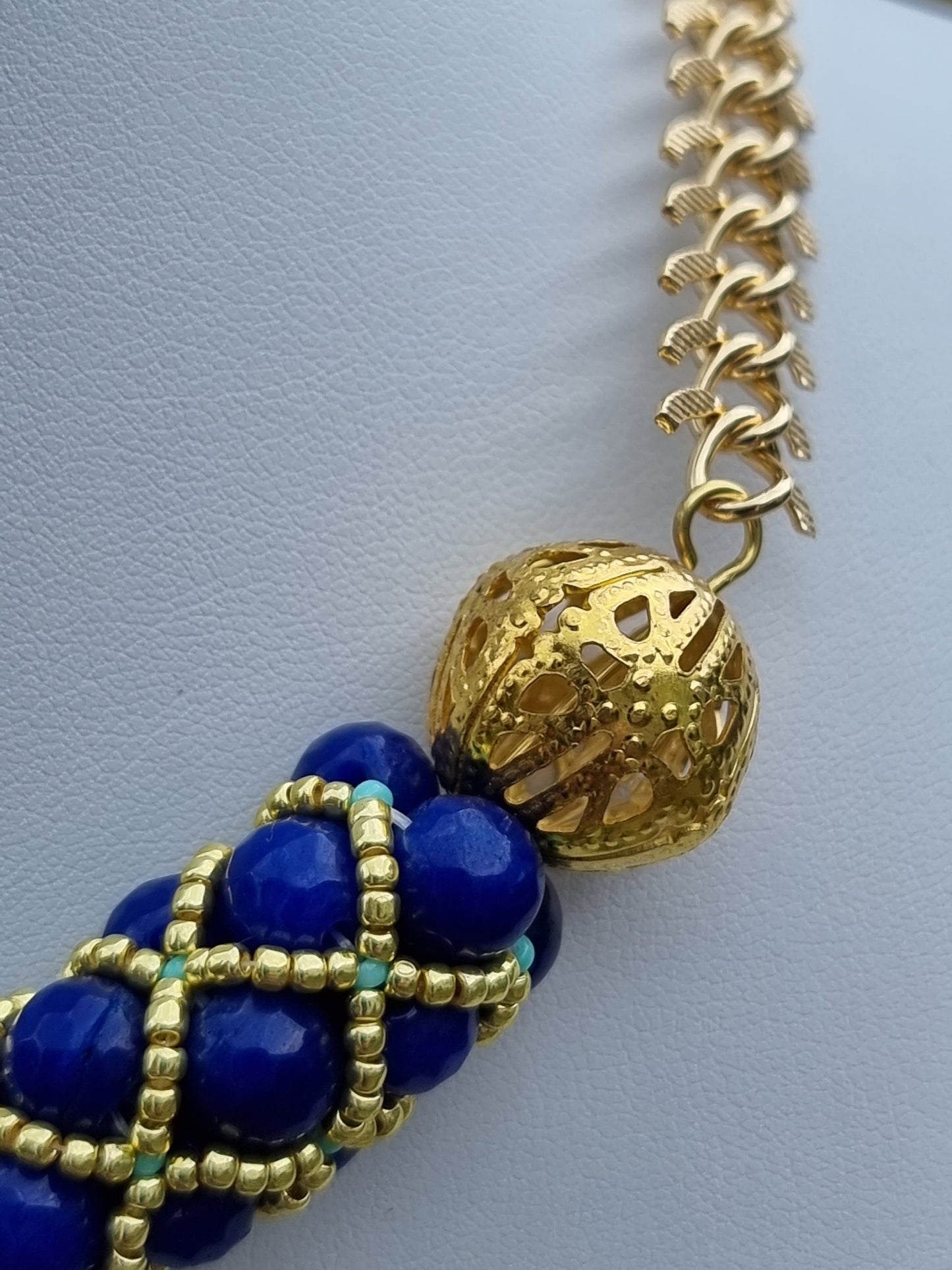 Luxury Blue and Gold Beaded Station Necklace | Gold Filigree | Faceted Crystal | Evening Jewellery | Handmade