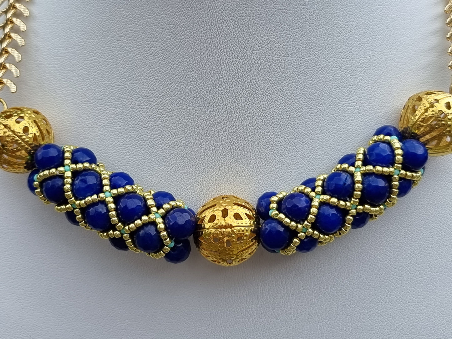 Luxury Blue and Gold Beaded Station Necklace | Gold Filigree | Faceted Crystal | Evening Jewellery | Handmade