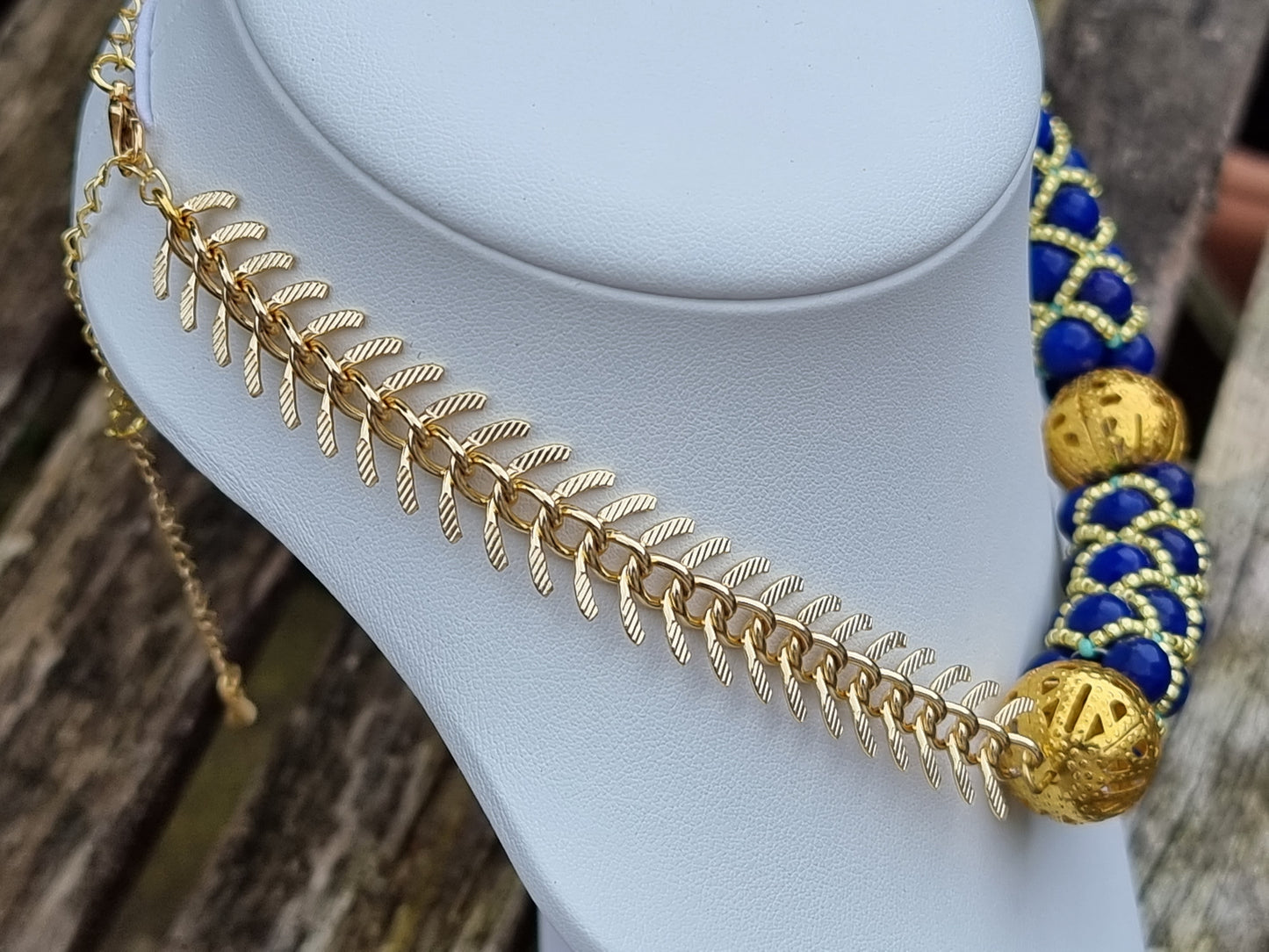 Luxury Blue and Gold Beaded Station Necklace | Gold Filigree | Faceted Crystal | Evening Jewellery | Handmade