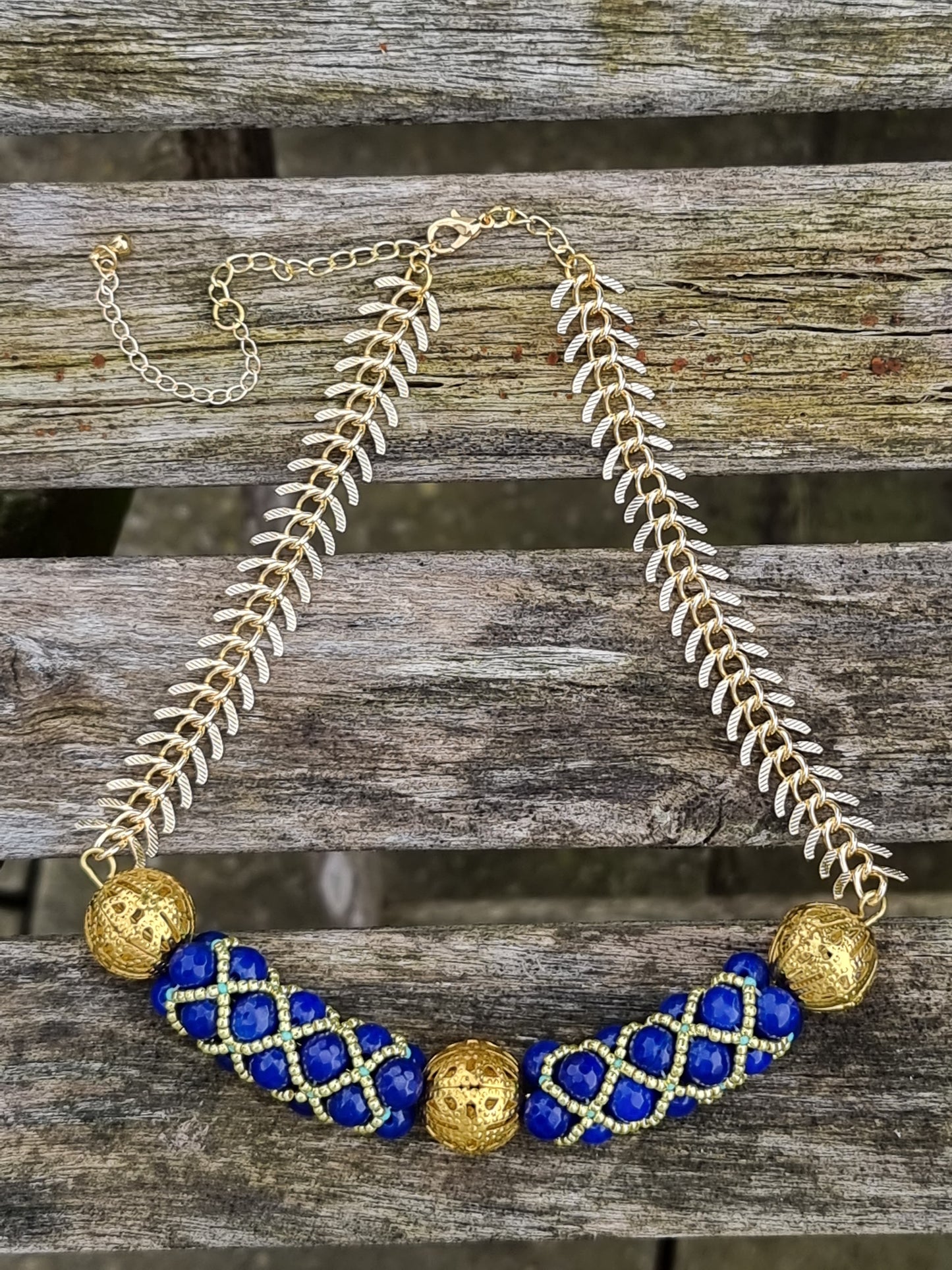 Luxury Blue and Gold Beaded Station Necklace | Gold Filigree | Faceted Crystal | Evening Jewellery | Handmade