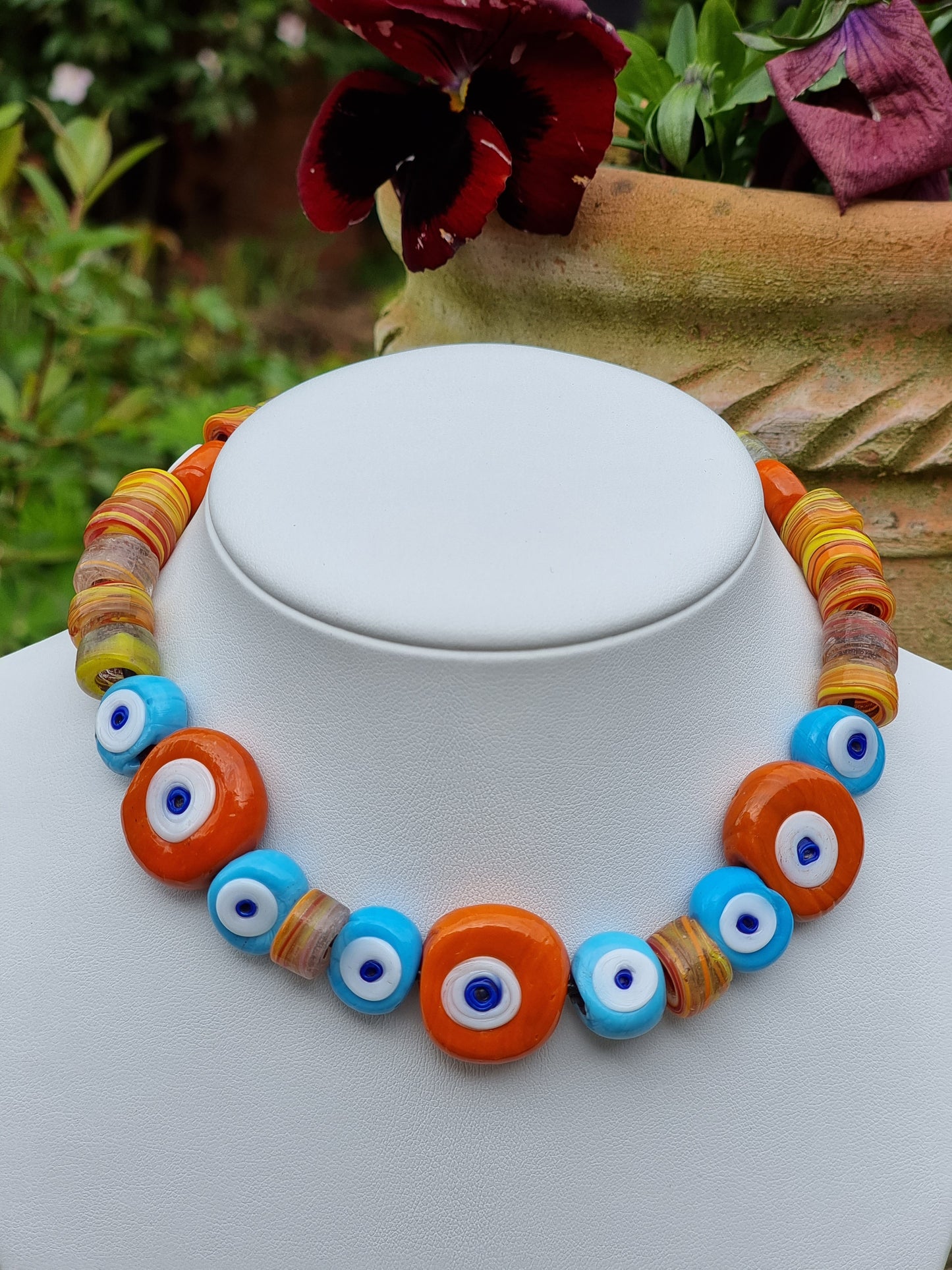 Turkish Glass Evil Eye Boho Necklace | Adjustable Cord Necklace | Handmade Glass Beads