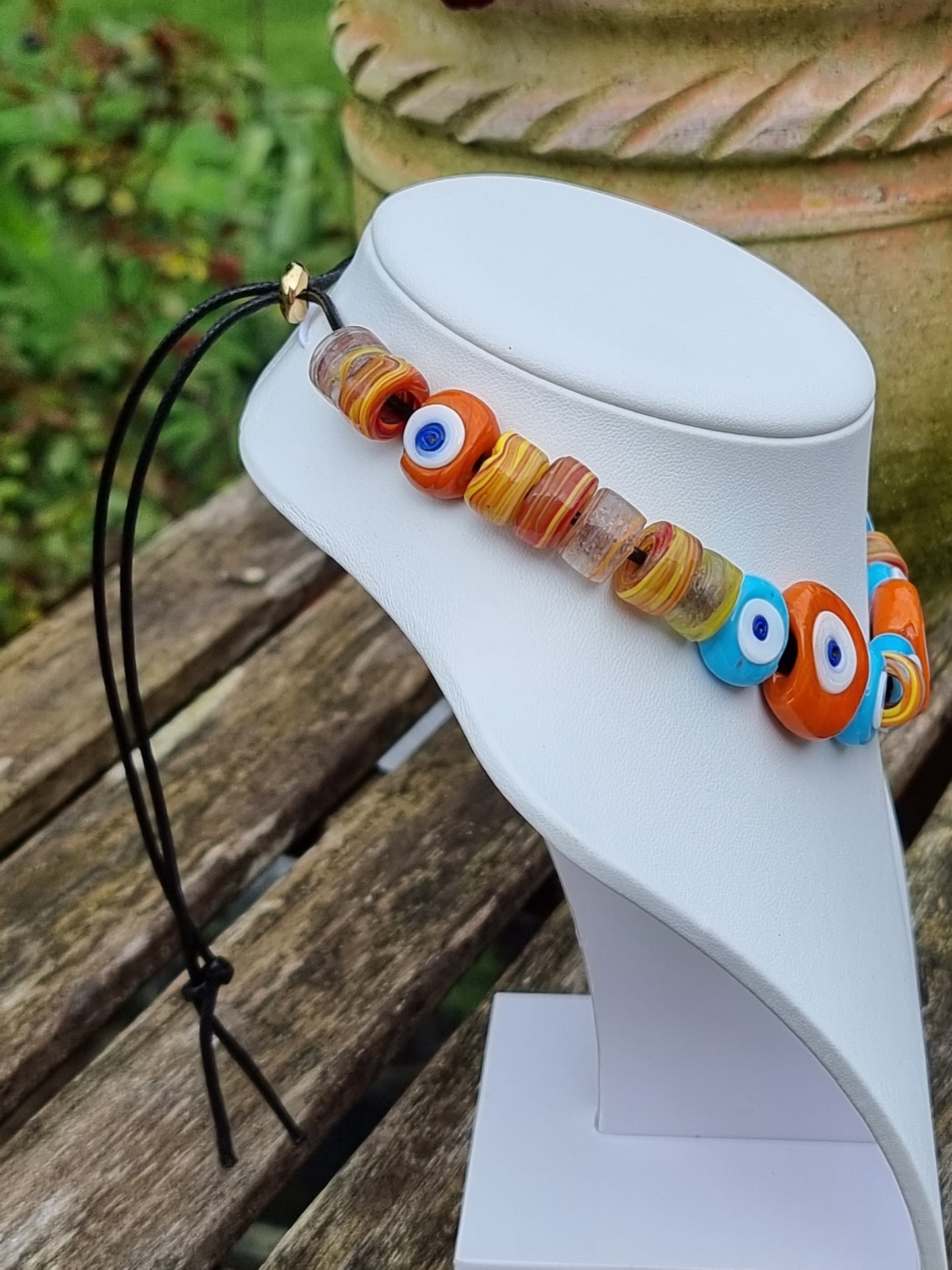 Turkish Glass Evil Eye Boho Necklace | Adjustable Cord Necklace | Handmade Glass Beads