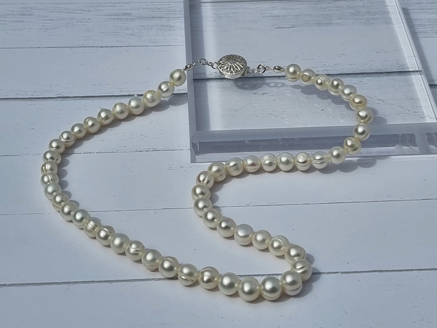 White Potato Pearl Necklace | Graduated Freshwater Pearls | Sterling Silver Filigree Box Clasp | Handmade Classic Necklace