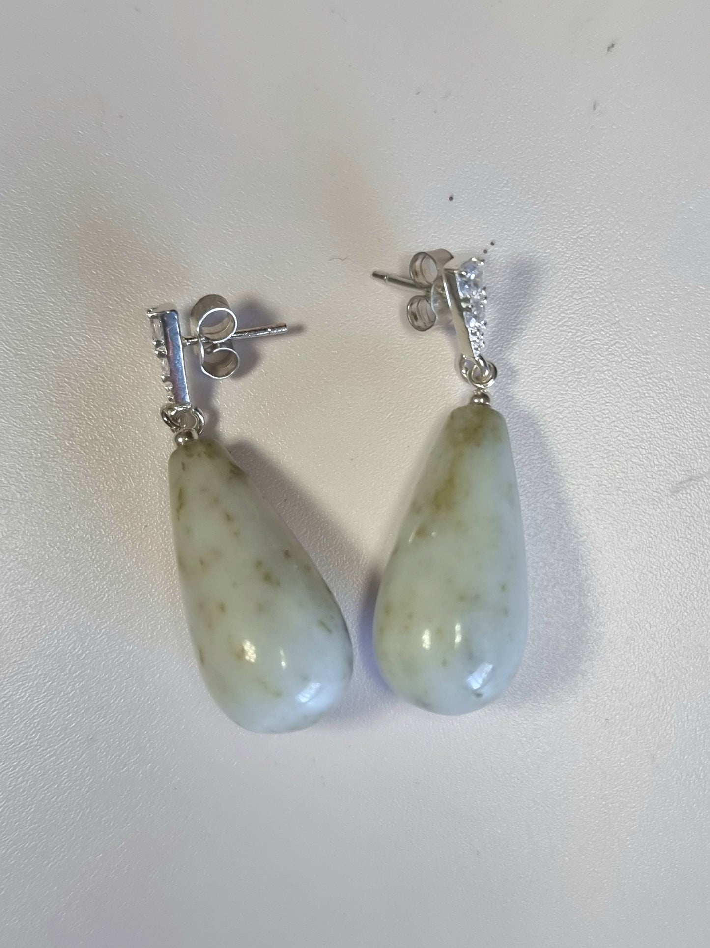 Burmese Jade Drop Earrings | Type A White Jade | Sterling Silver Diamond Stud | Luxury Gemstone Earrings | Handmade
