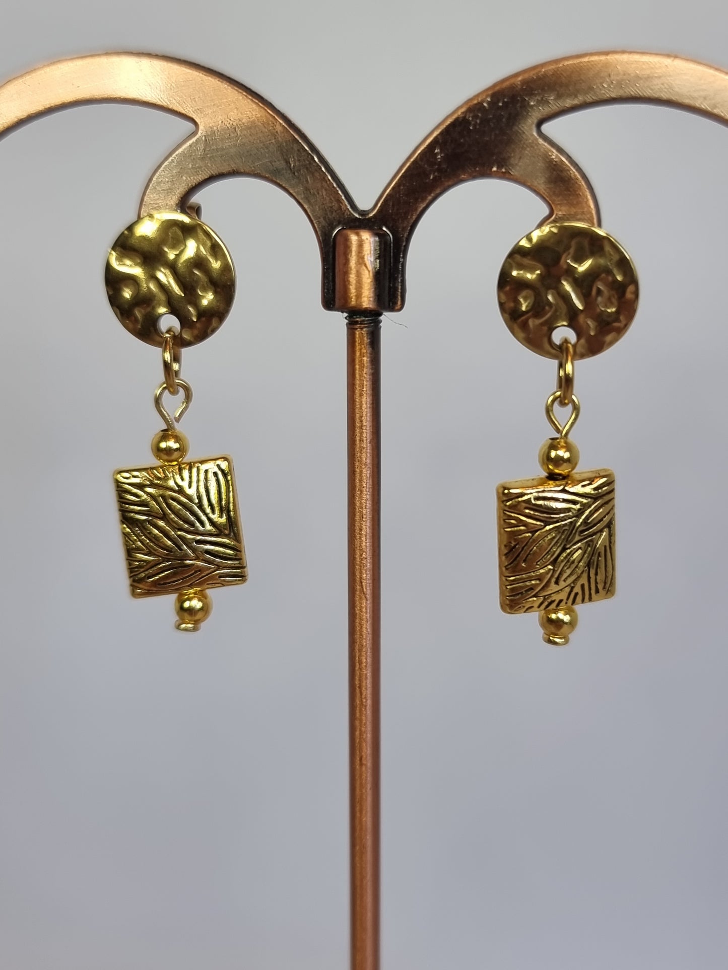 Gold Tibetan Square Drop Earrings | Hammered Brass Stud | Gold Plated | Handmade Statement Earrings
