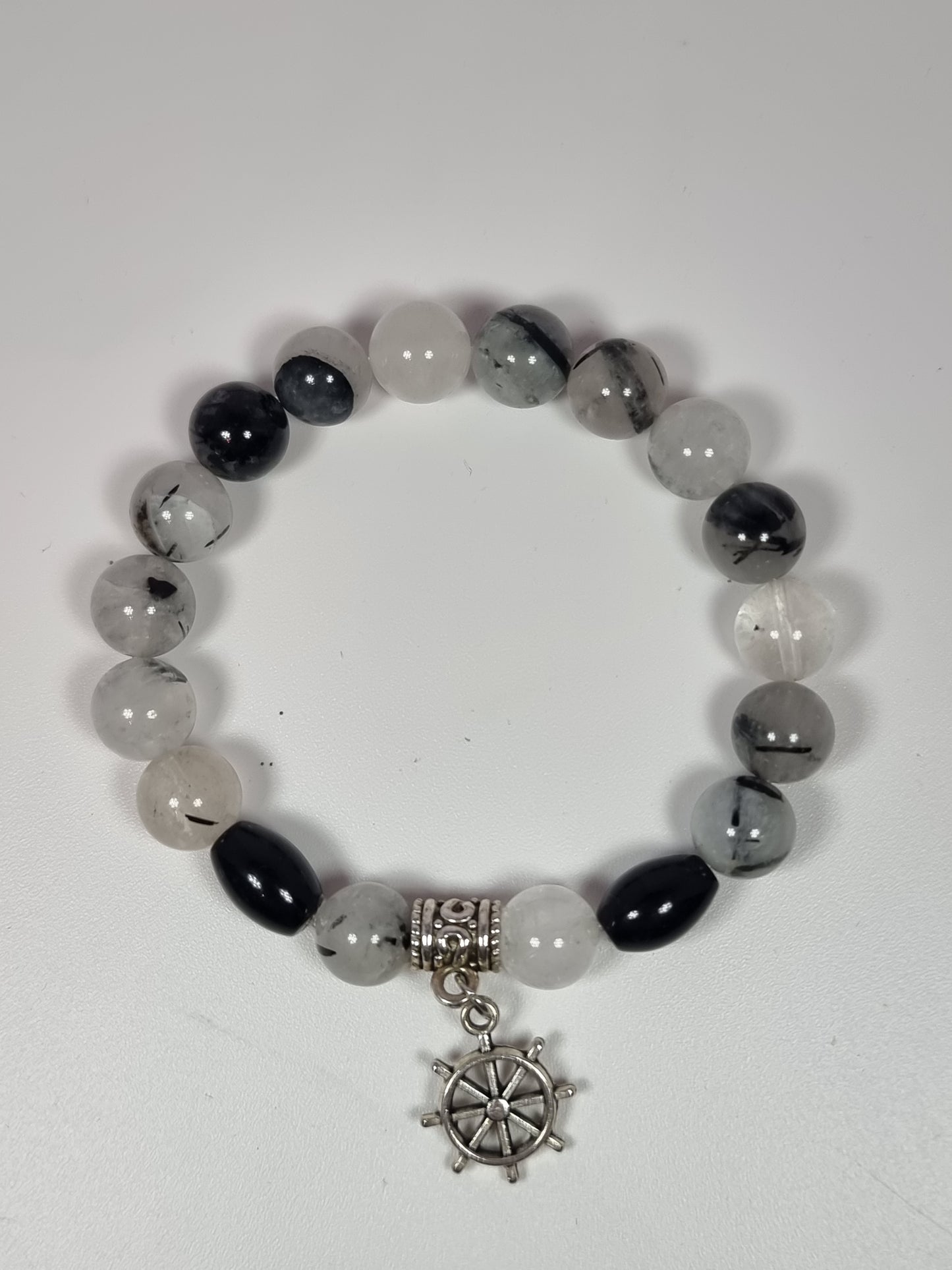 Tourmalinated Quartz and Black Agate Stretch Bracelet | Ship's Wheel Charm | Handmade Gemstone Bracelet