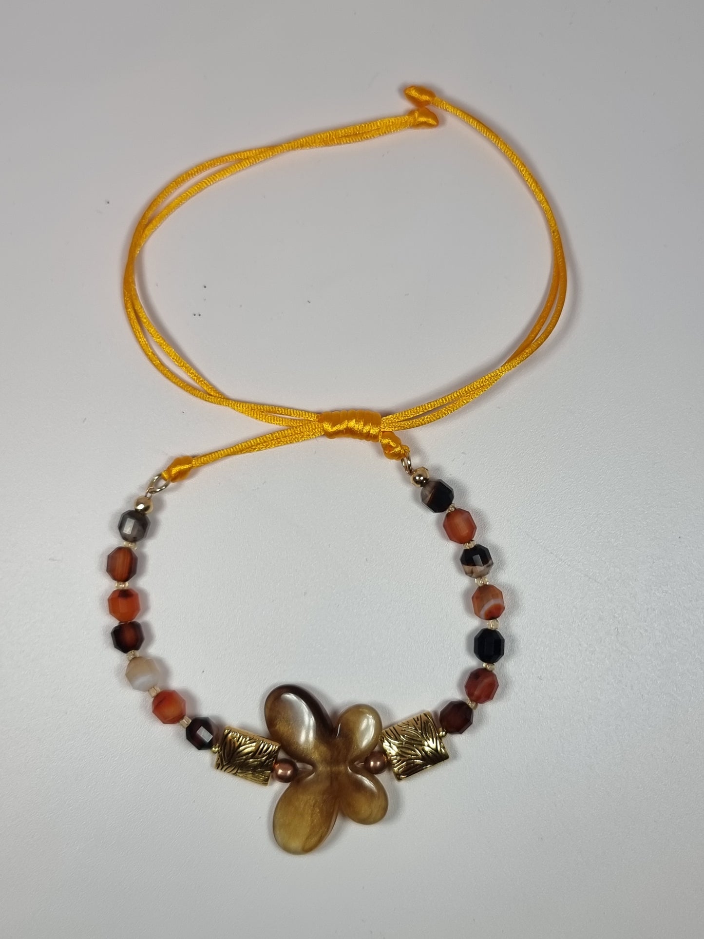 Banded Agate & Butterfly Bracelet | Adjustable Yellow Cord | Boho Handmade Bracelet | Copper & Gold Spacers