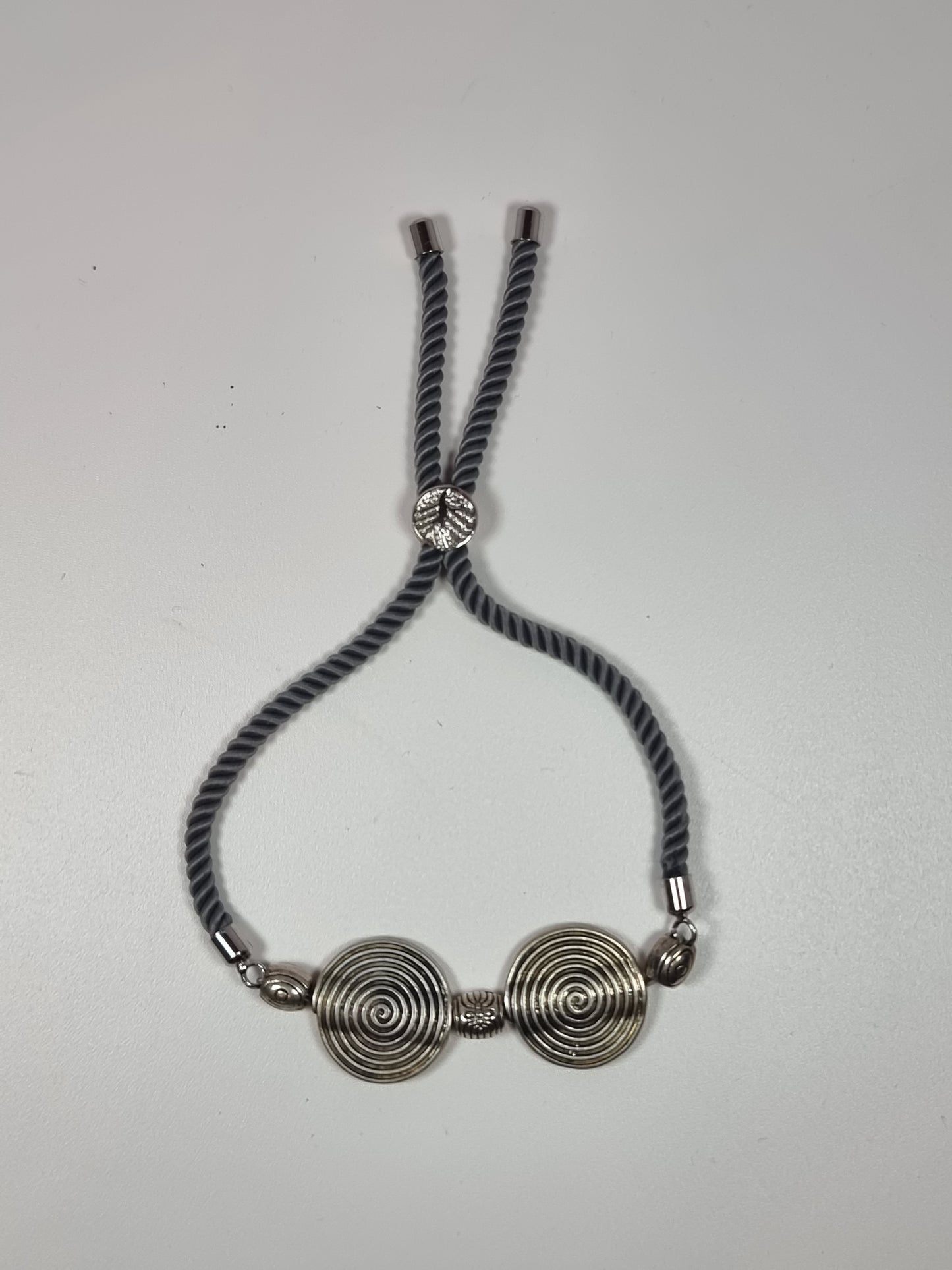 Celtic Spiral Disc Bracelet | Adjustable Grey Cord | Antique Silver | Unisex Handmade Bracelet