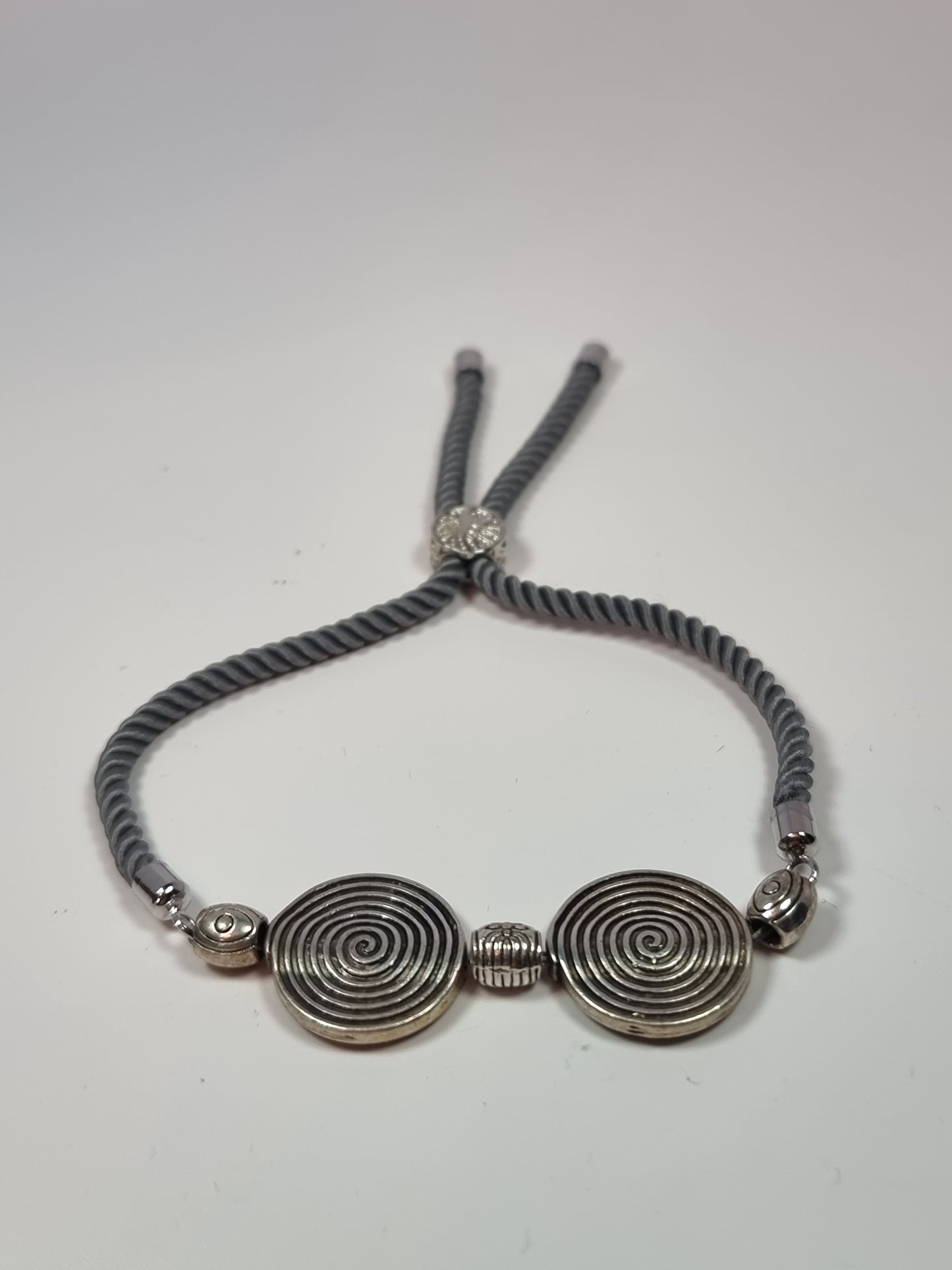 Celtic Spiral Disc Bracelet | Adjustable Grey Cord | Antique Silver | Unisex Handmade Bracelet
