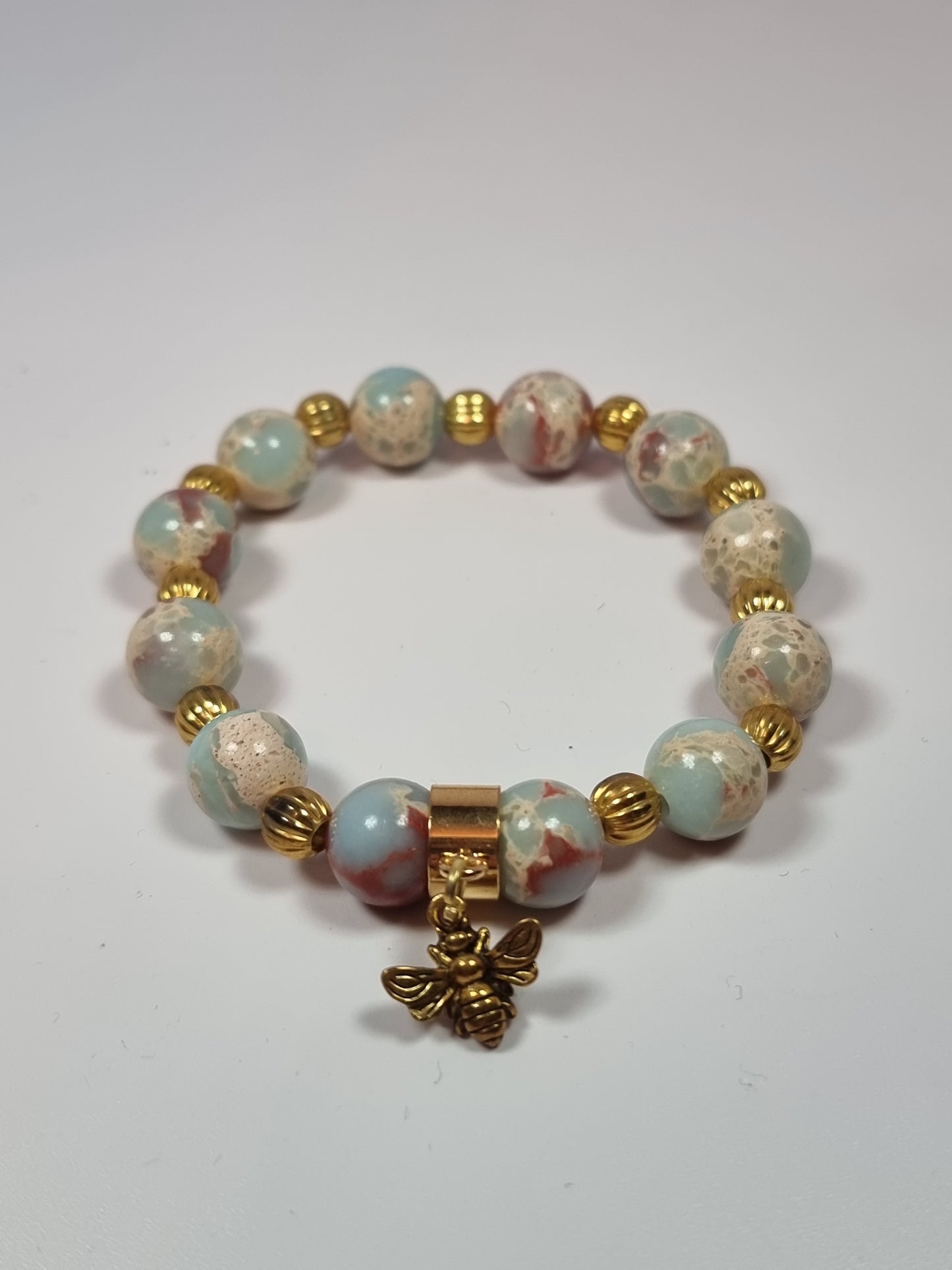 Multicolour Agate and Bumble Bee Charm Bracelet | Tibetan Gold Spacers | Stretch Bracelet | Handmade Boho Bracelet