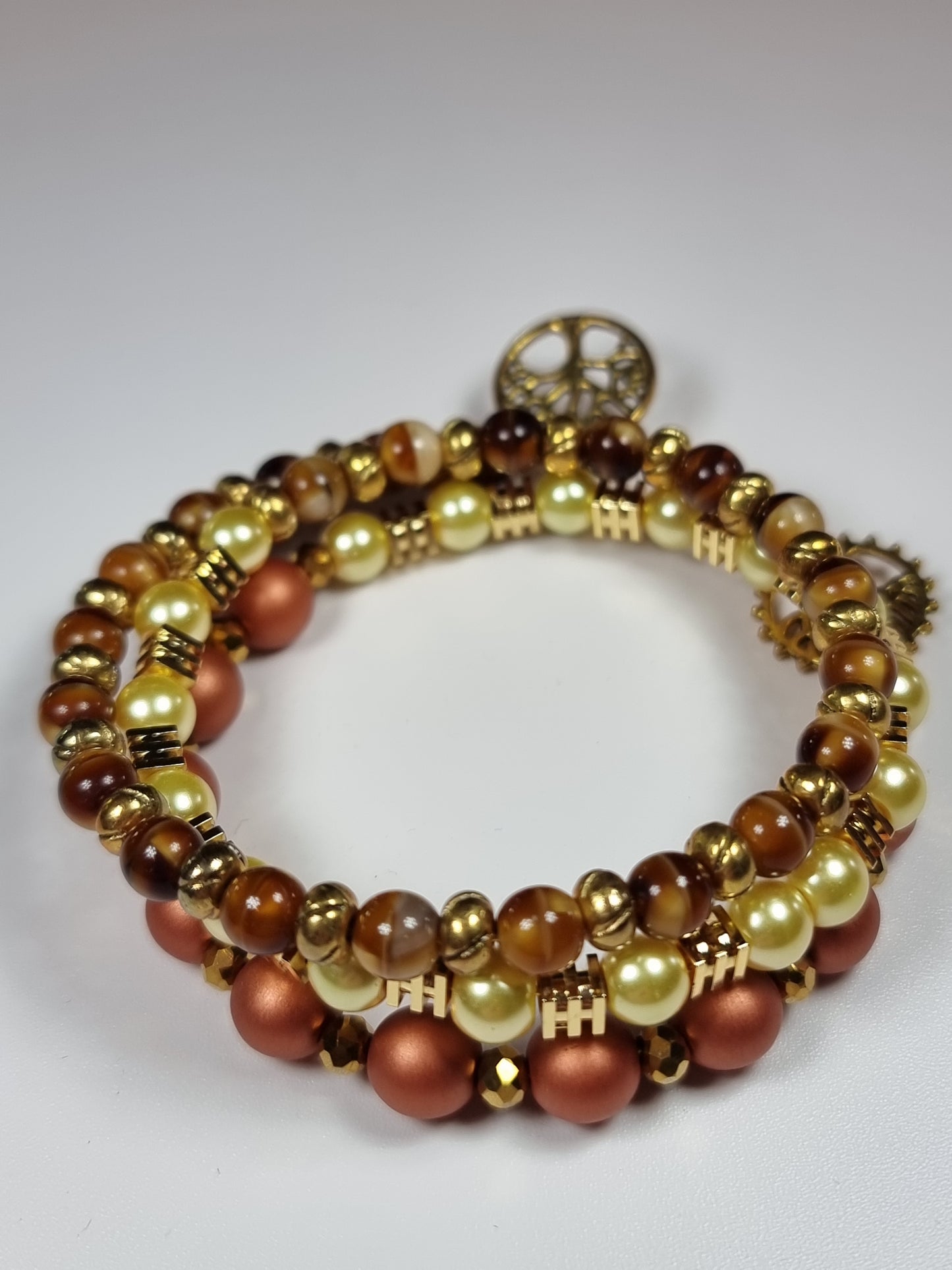 Tree of Life Memory Wire Stack Bracelet | Warm Gold & Pearl Beads | Handmade Multi-Strand Bracelet
